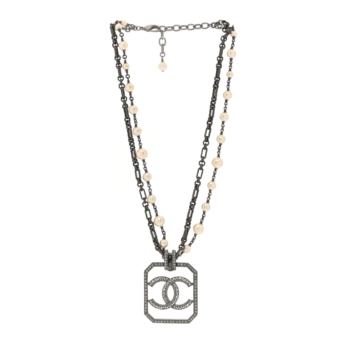 Pearl Crystal CC Double Strand Necklace Ruthenium