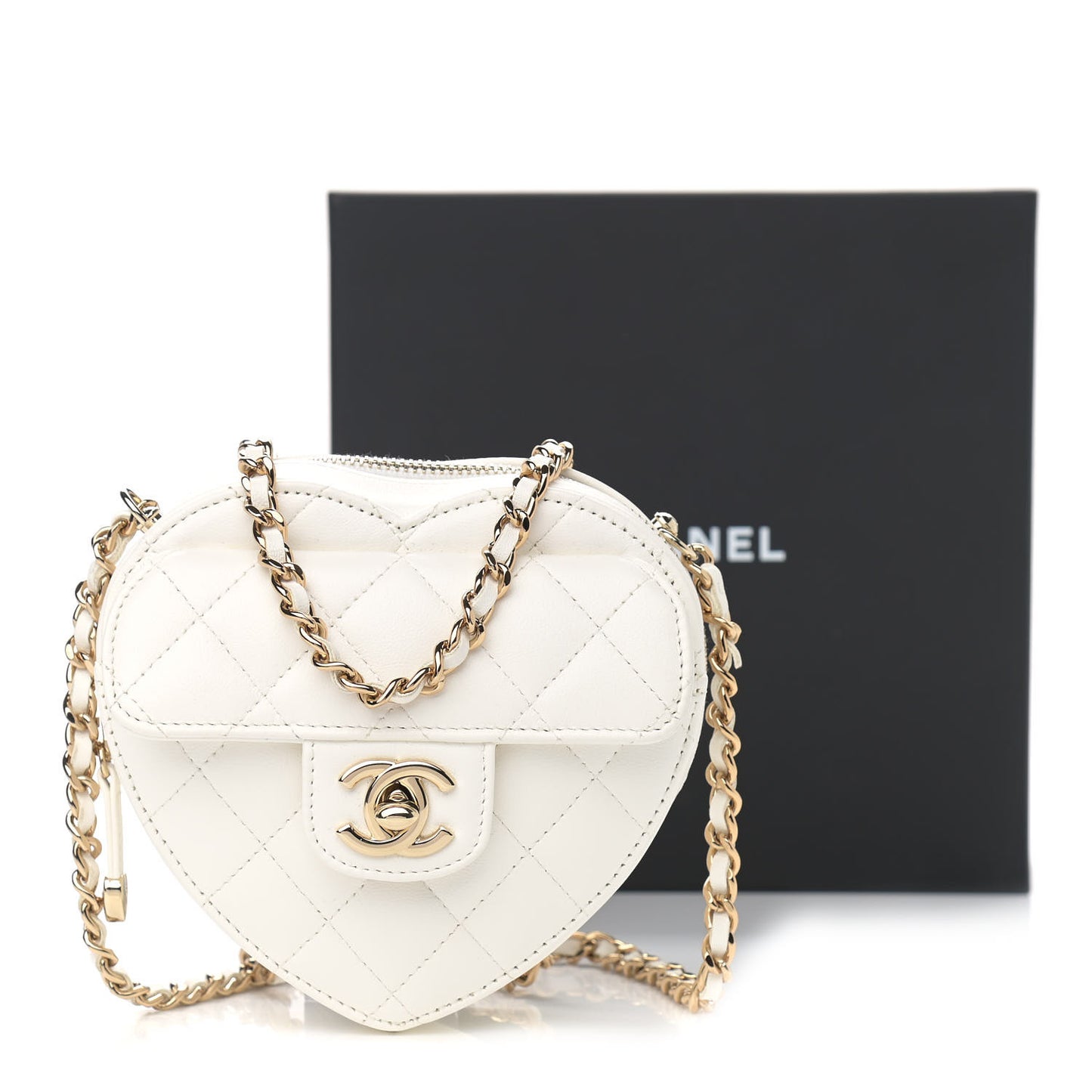 Lambskin Quilted CC In Love Heart Clutch With Chain White