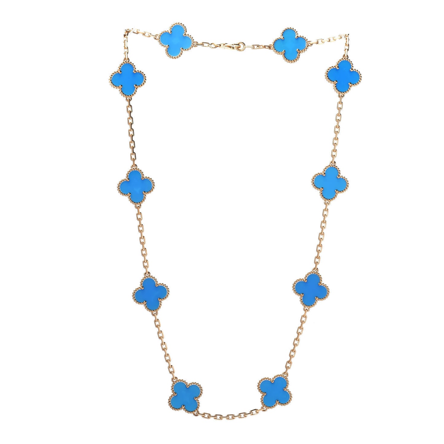 18K Yellow Gold Blue Agate 10 Motifs Vintage Alhambra Necklace