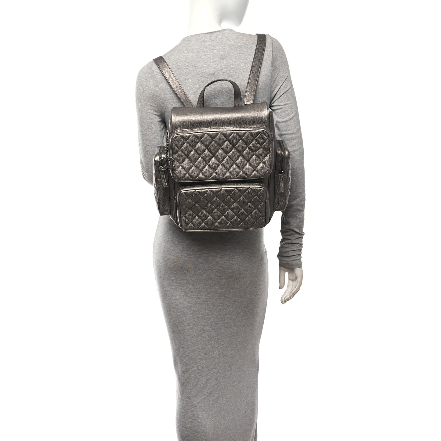 Metallic Grained Calfskin Quilted Large Casual Rock Backpack Charcoal