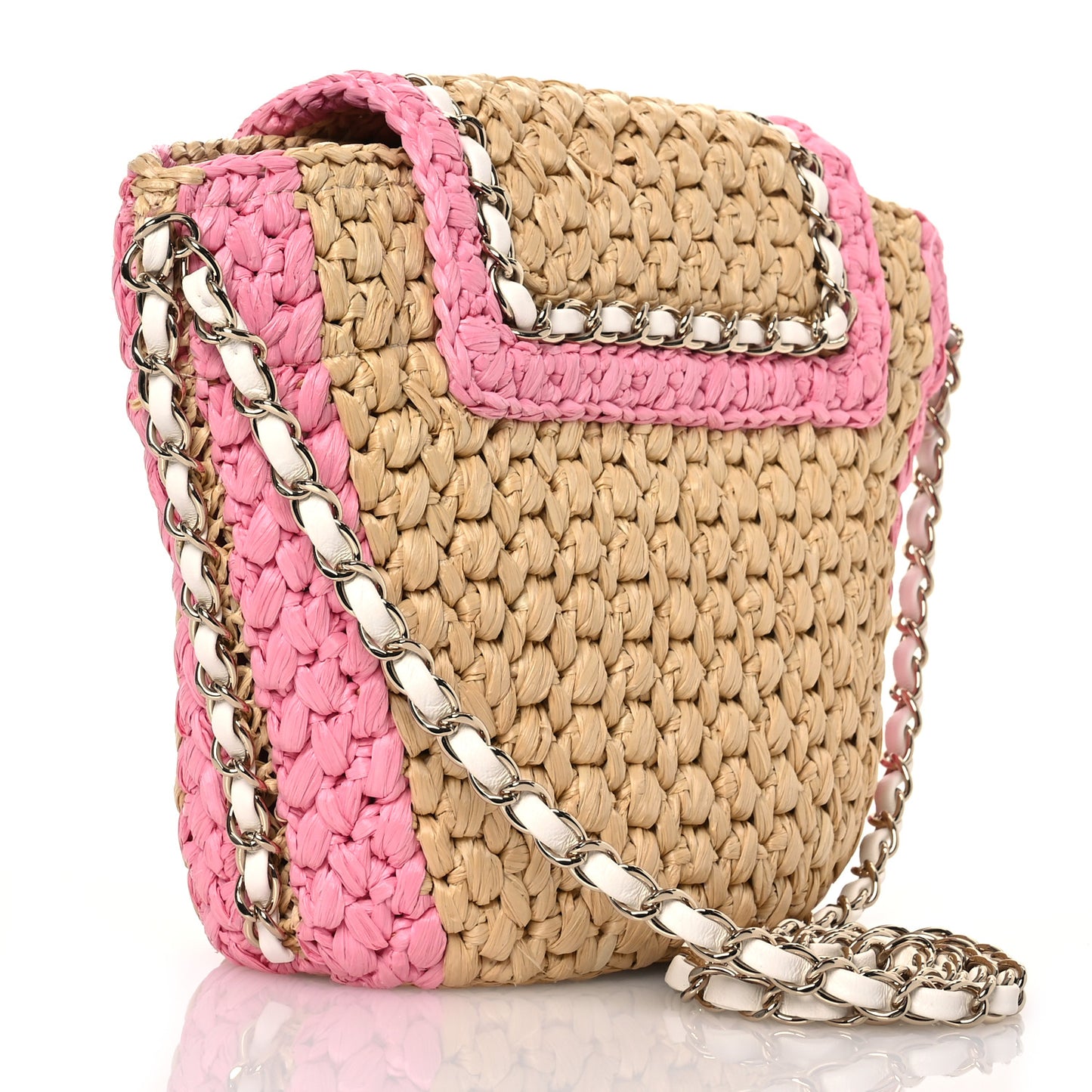 Raffia Chain Venice Beach Basket Flap Bag Beige Pink