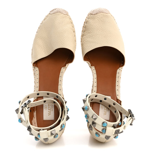Grained Calfskin Turquoise Rockstud Rolling Ankle Wrap Espadrille 20mm Flats 40 Light Ivory Natural