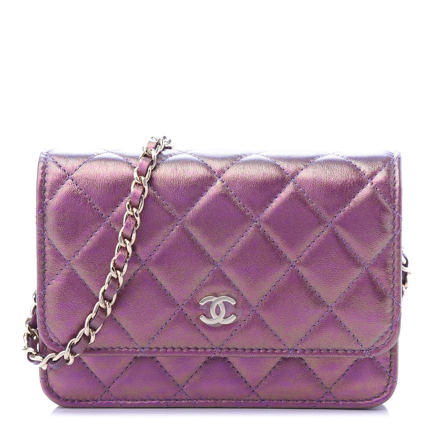 Iridescent Lambskin Quilted Mini Wallet On Chain WOC Purple