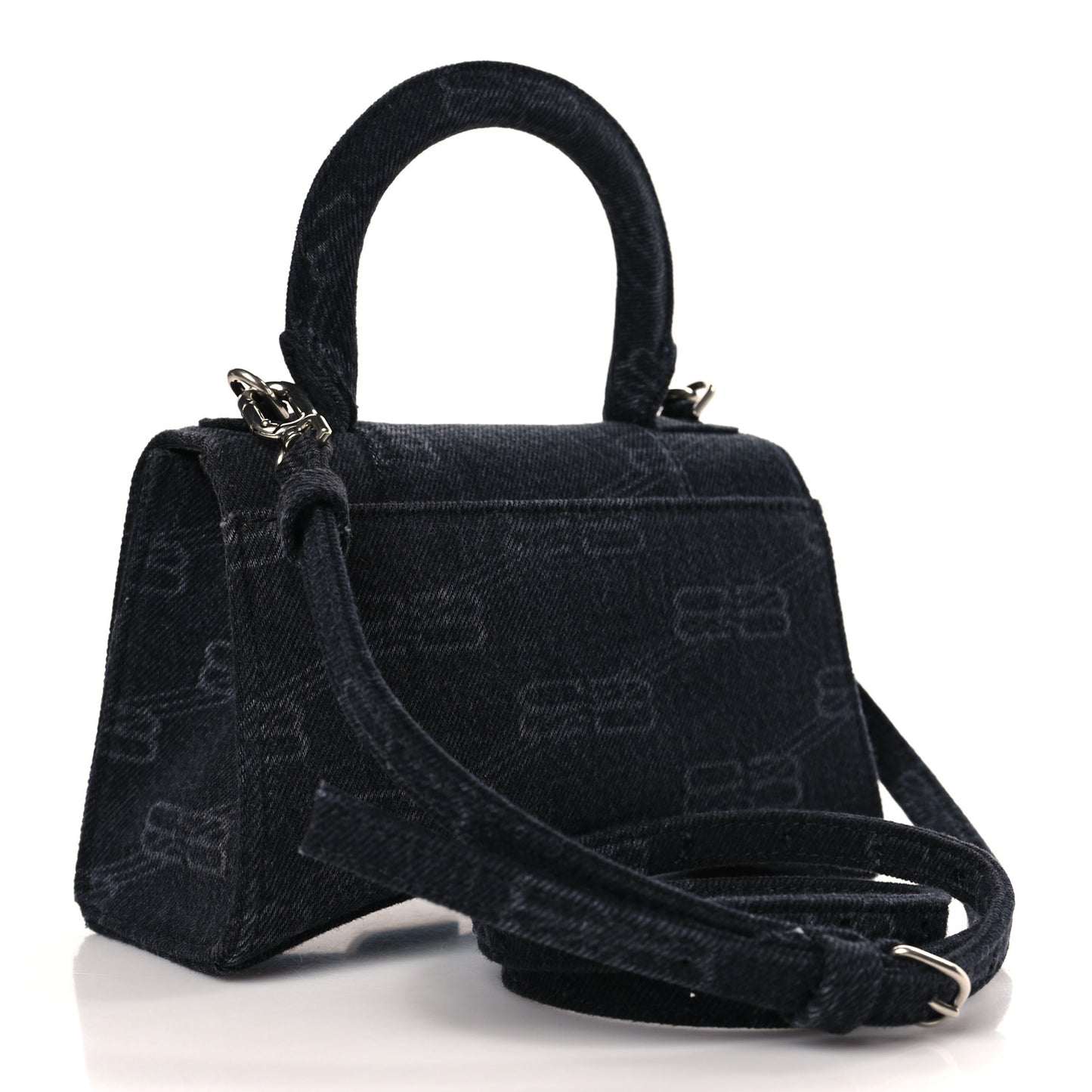 Washed Denim BB Monogram Hourglass Top Handle Bag XS Black