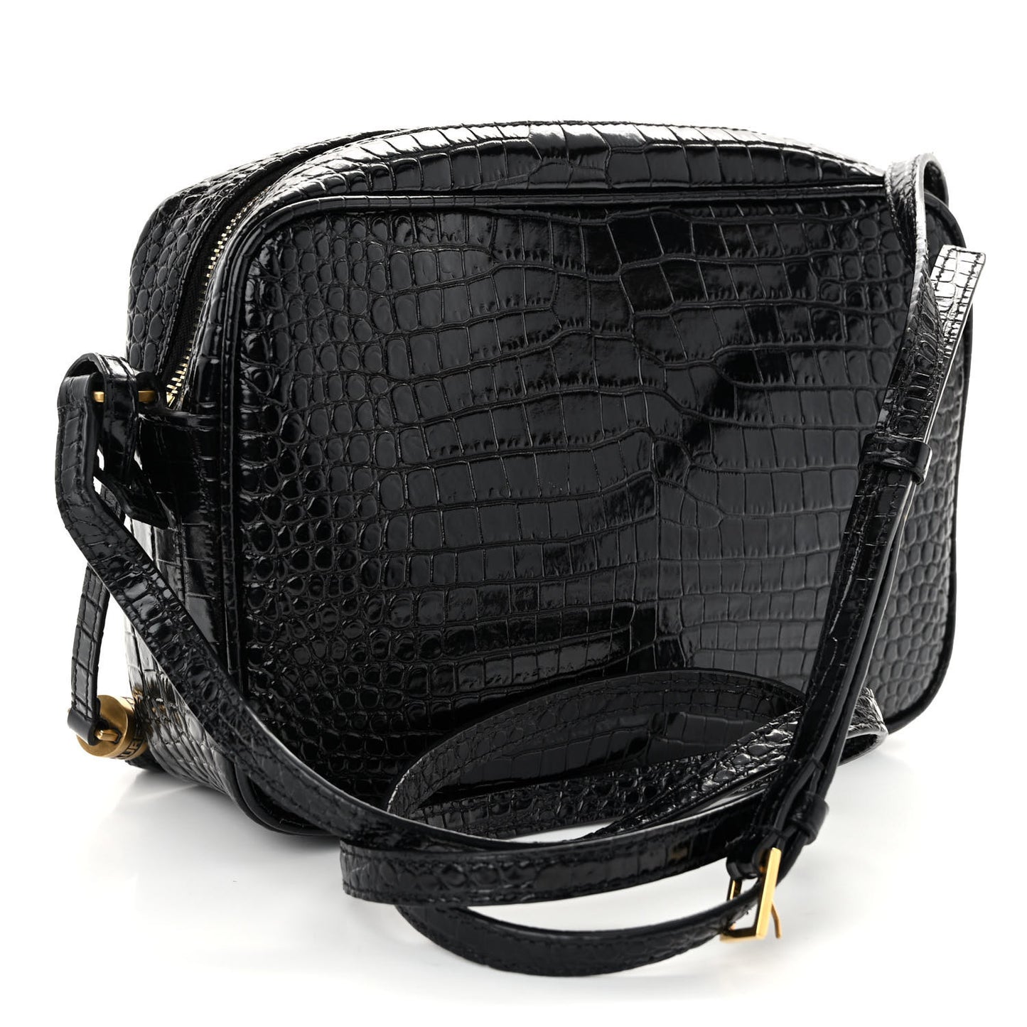 Patent Calfskin Crocodile Embossed Monogram Lou Camera Bag Black