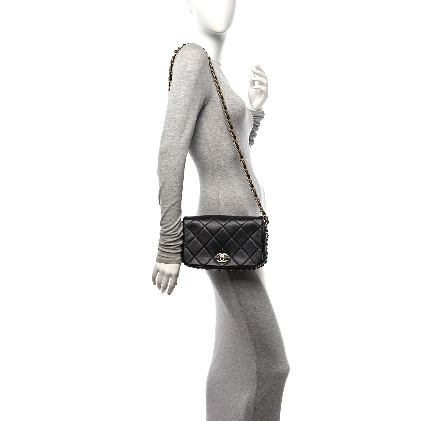 Shiny Lambskin Quilted Chain Around Flap Bag Black