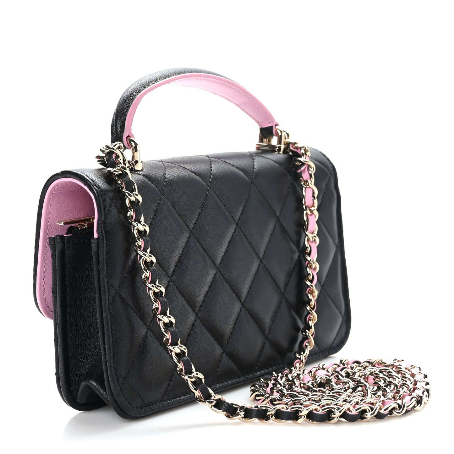 Lambskin Quilted Flap Phone Holder With Chain Black Lilac