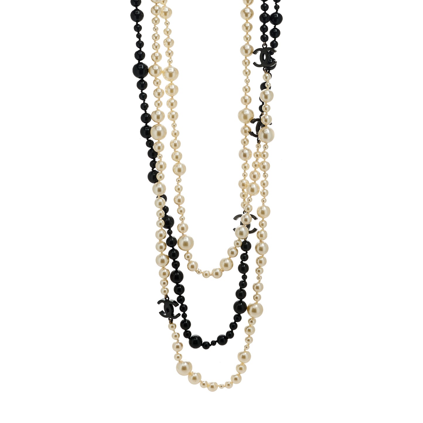 Pearl Beaded CC Long Triple Strand Necklace Black White