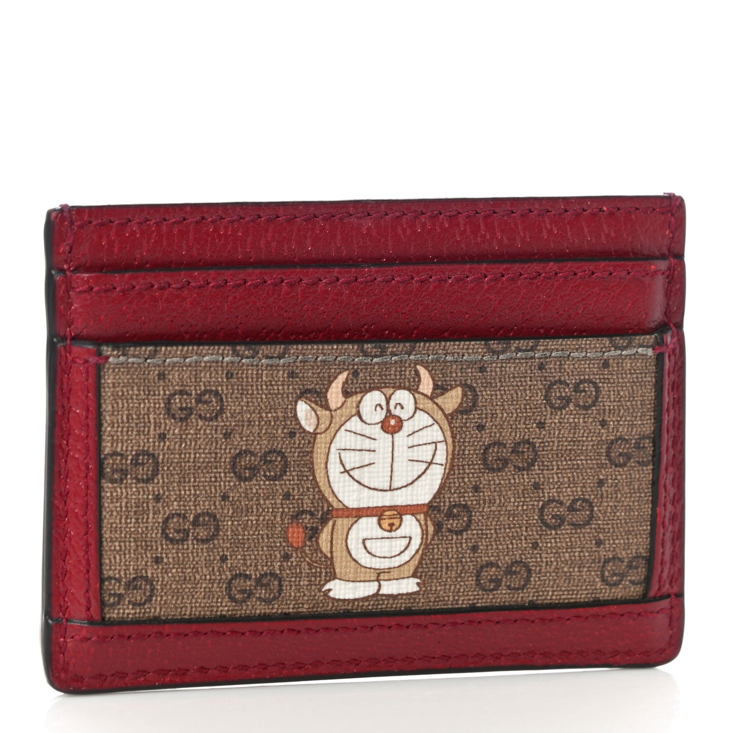 X DORAEMON Mini Vintage GG Supreme Monogram Card Holder Beige Cherry Red