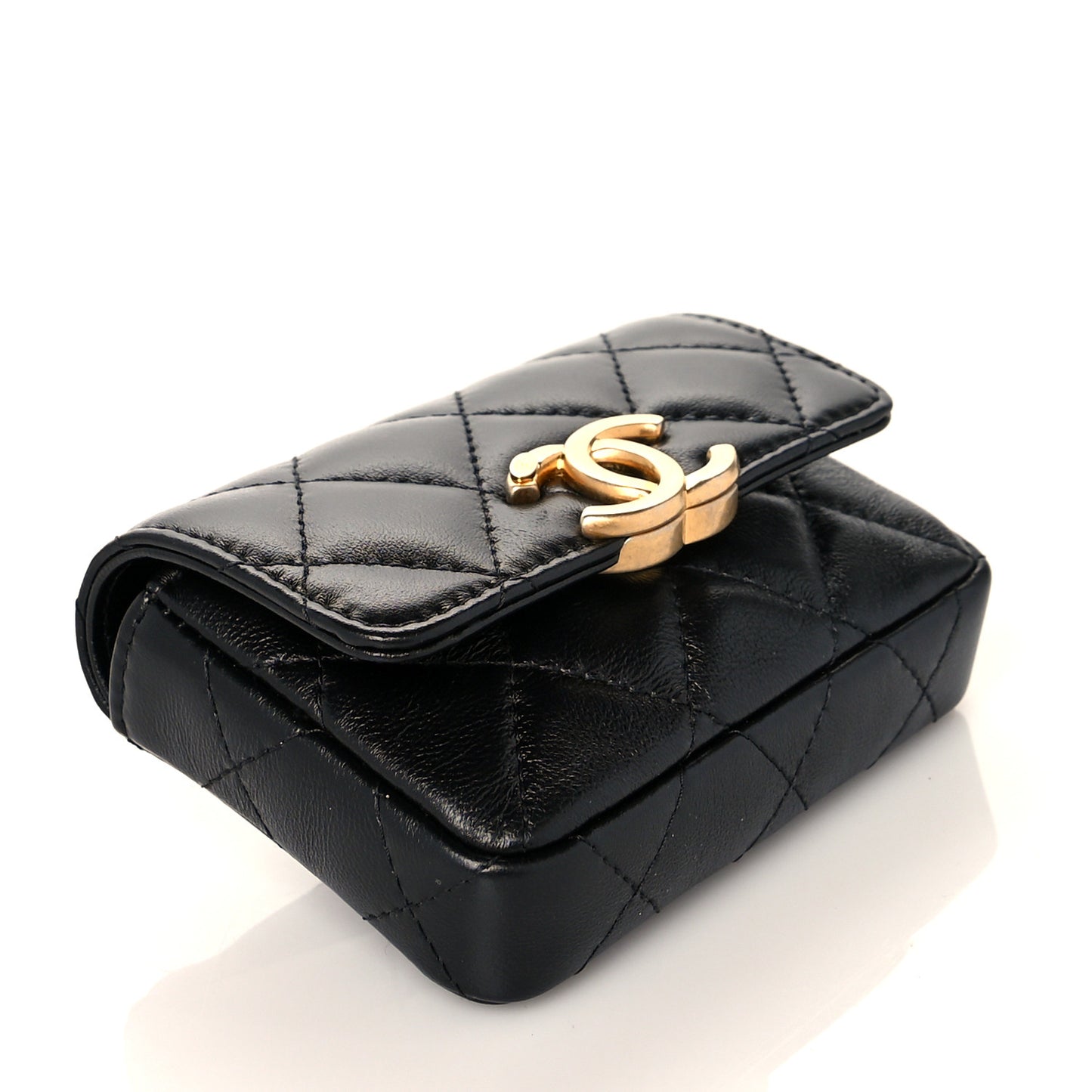 Lambskin Lacquered Metal Quilted Flap Chain Belt Bag Black
