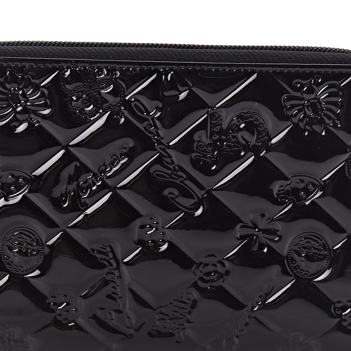 Patent Calfskin Lucky Symbols Zip Around Wallet Black