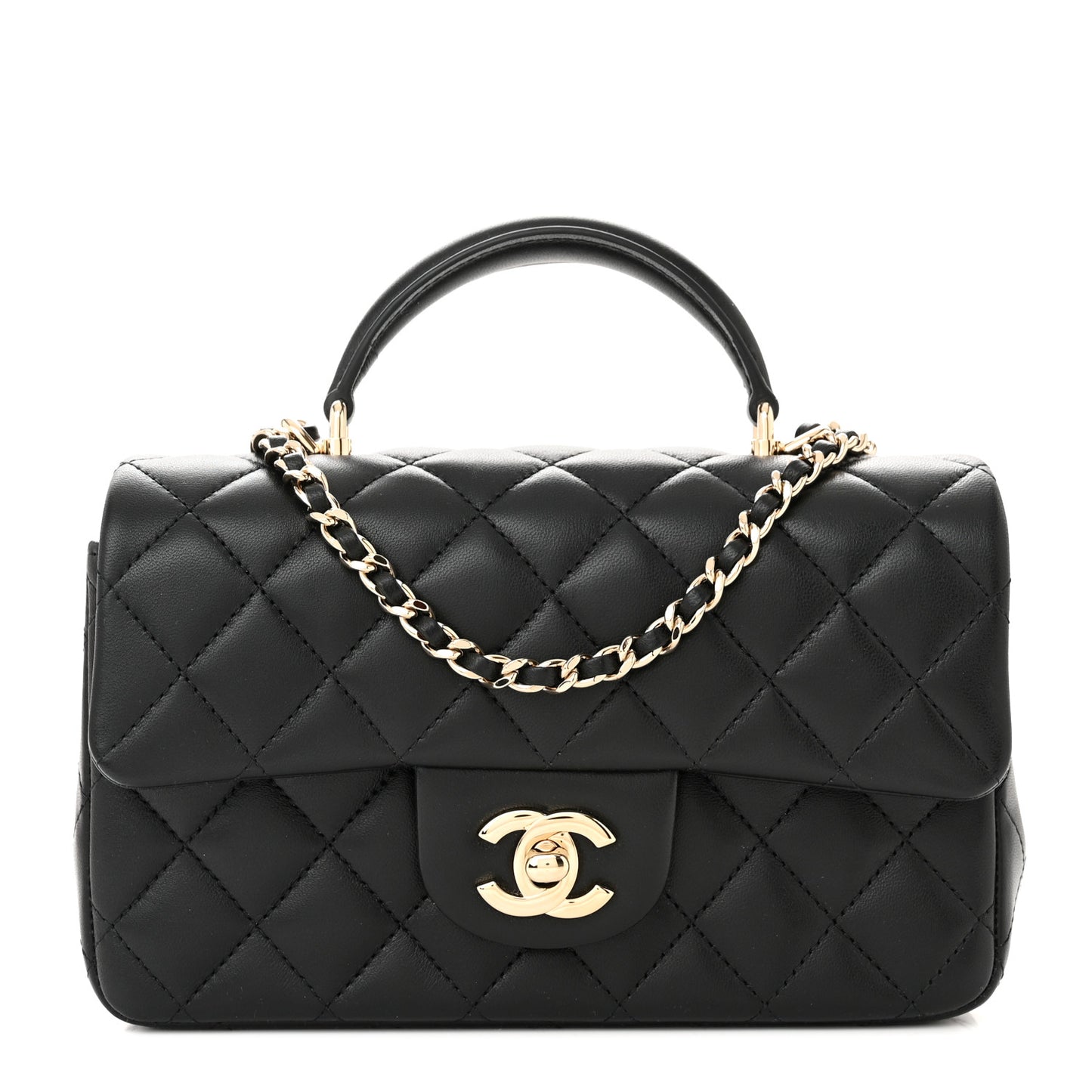 Lambskin Quilted Mini Top Handle Rectangular Flap Black