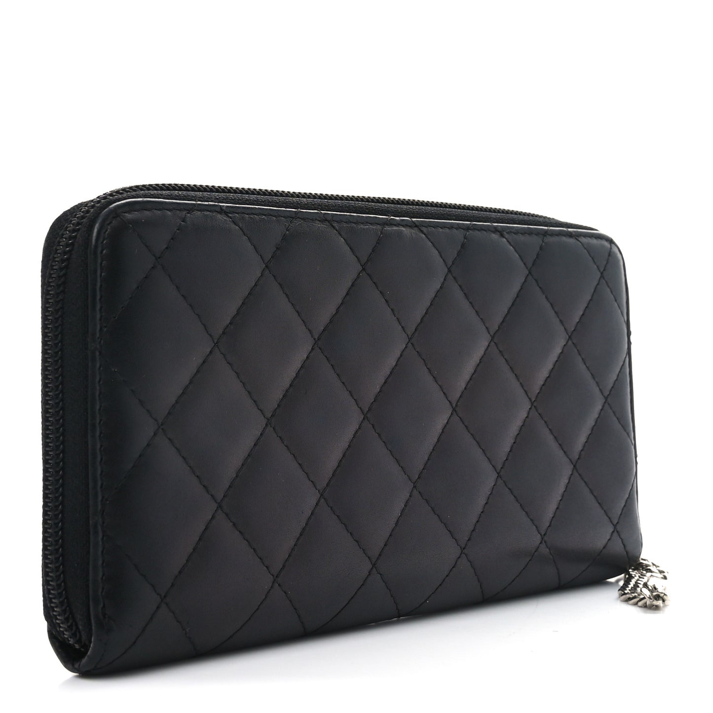 Calfskin Quilted Cambon Large Gusset Zip Around Wallet Black Silver