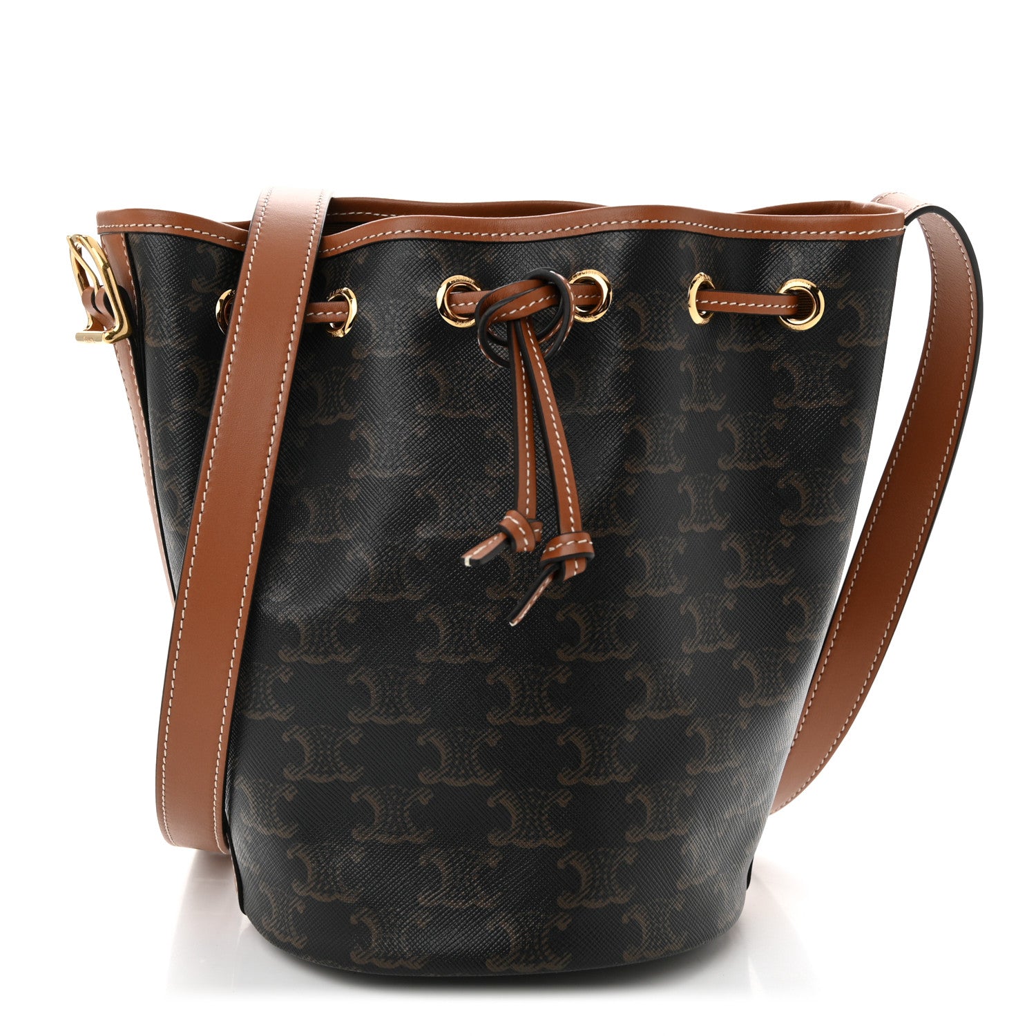 Celine Triomphe Canvas Calfskin Small Drawstring Bucket Bag Tan 