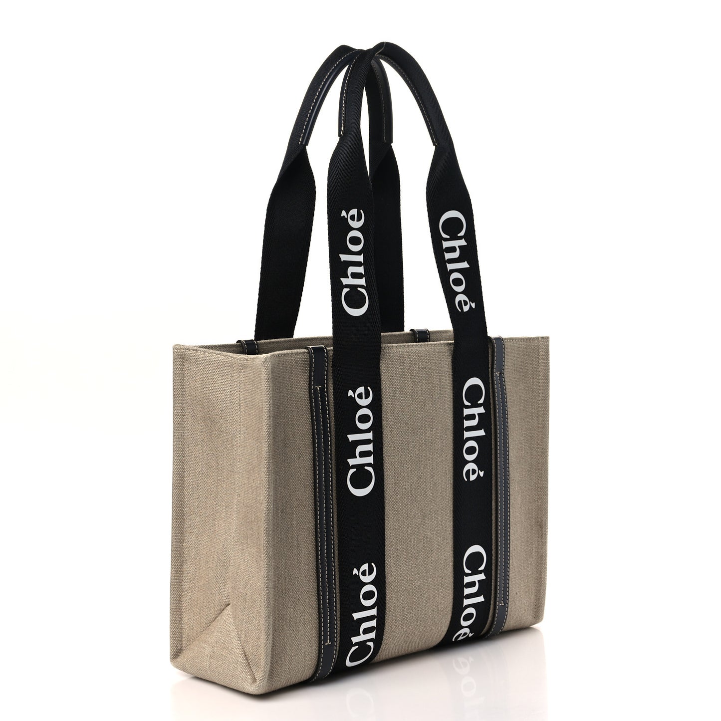 Linen Calfskin Medium Woody Ribbon Tote Black Blue
