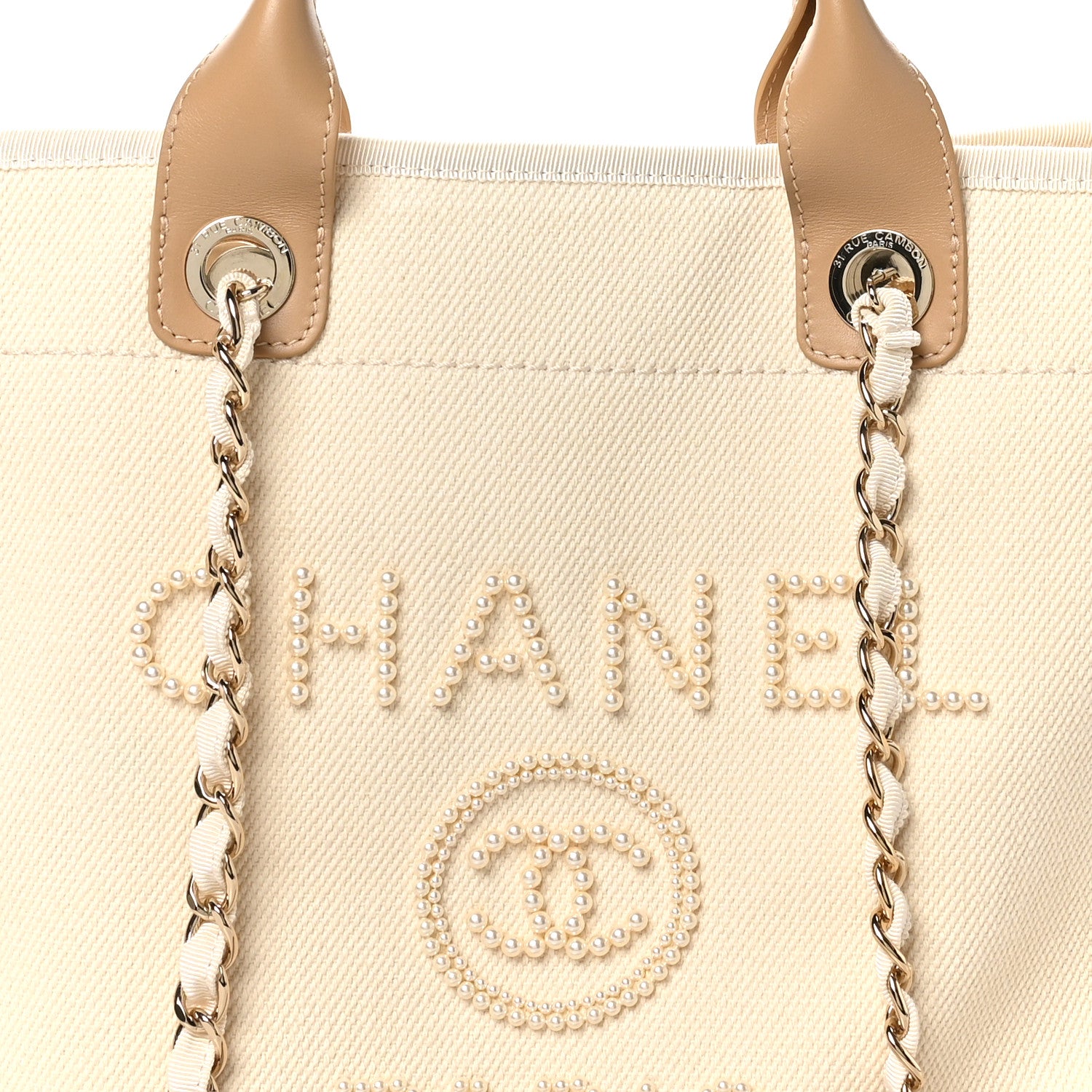 Chanel Canvas Pearl Medium Deauville Tote Ecru Beige 7 of 9