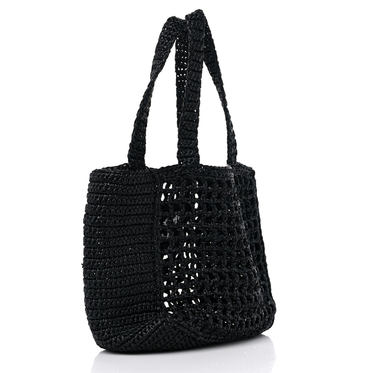 Yarn Raffia Effect Crochet Logo Embroidered Small Tote Bag Black