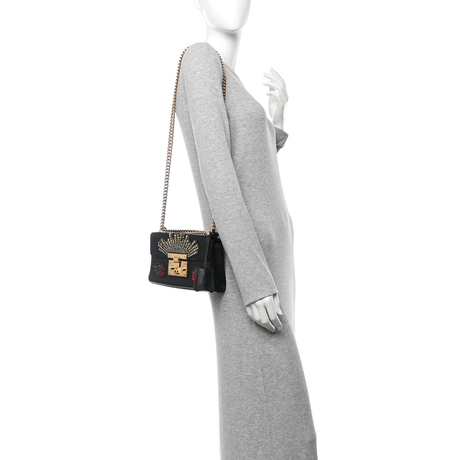 Gucci Calfskin Strawberry Embroidered Small Padlock Shoulder Bag Black 2 of 11