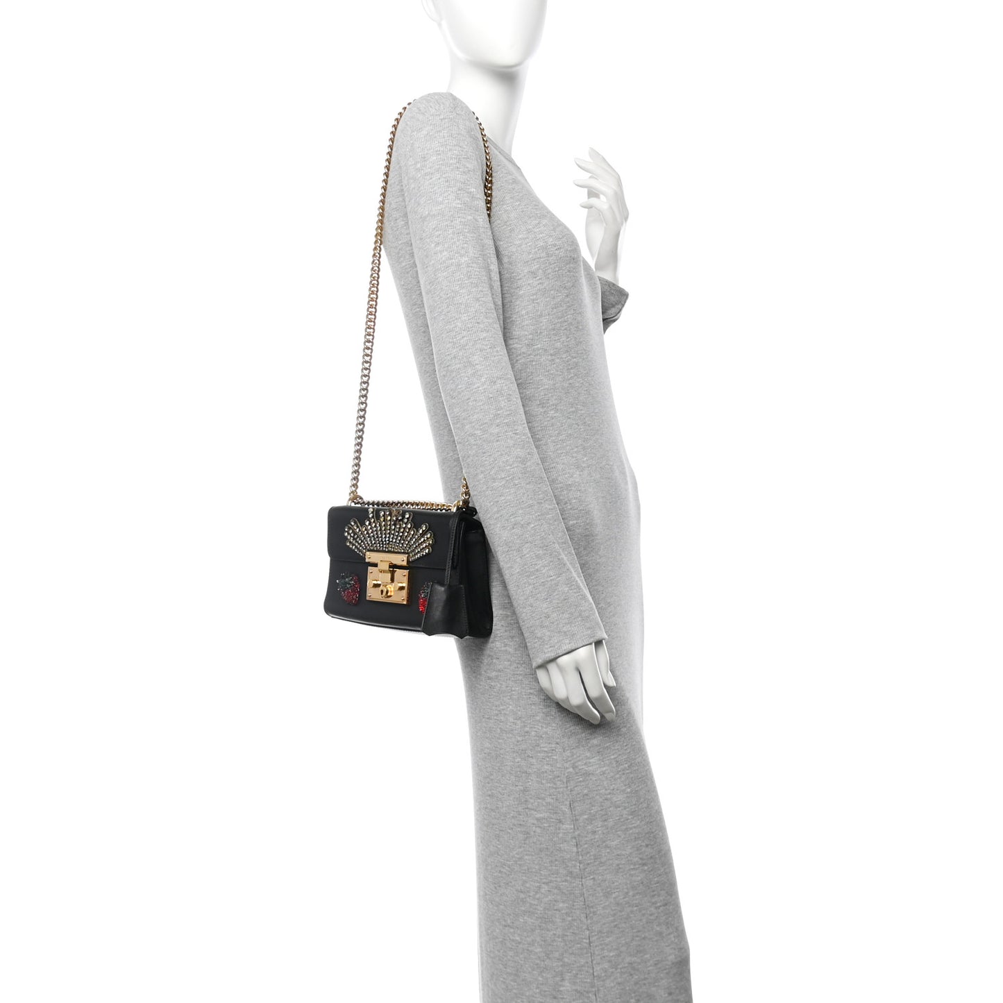 Calfskin Strawberry Embroidered Small Padlock Shoulder Bag Black