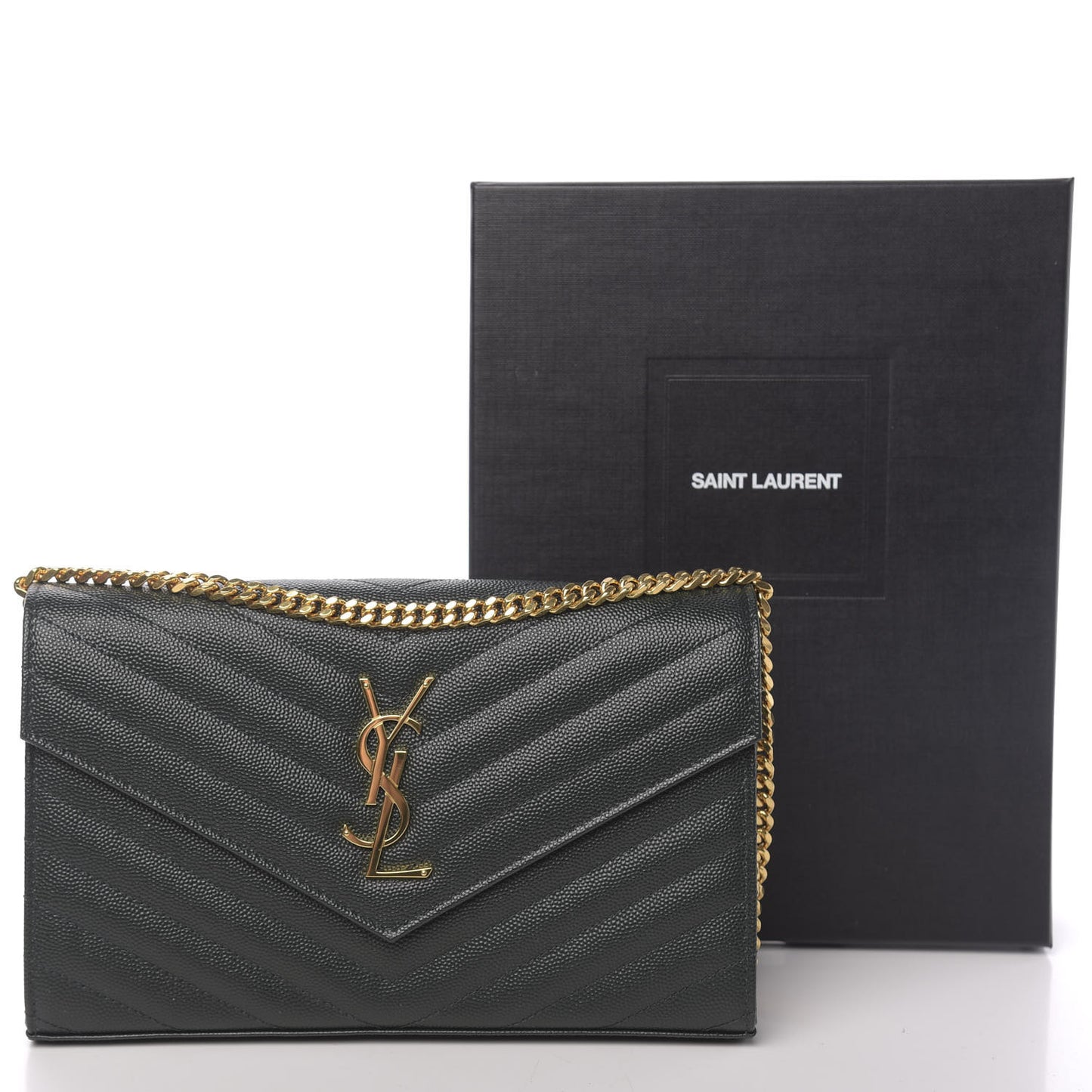 Grain De Poudre Matelasse Chevron Monogram Chain Wallet Dark Green