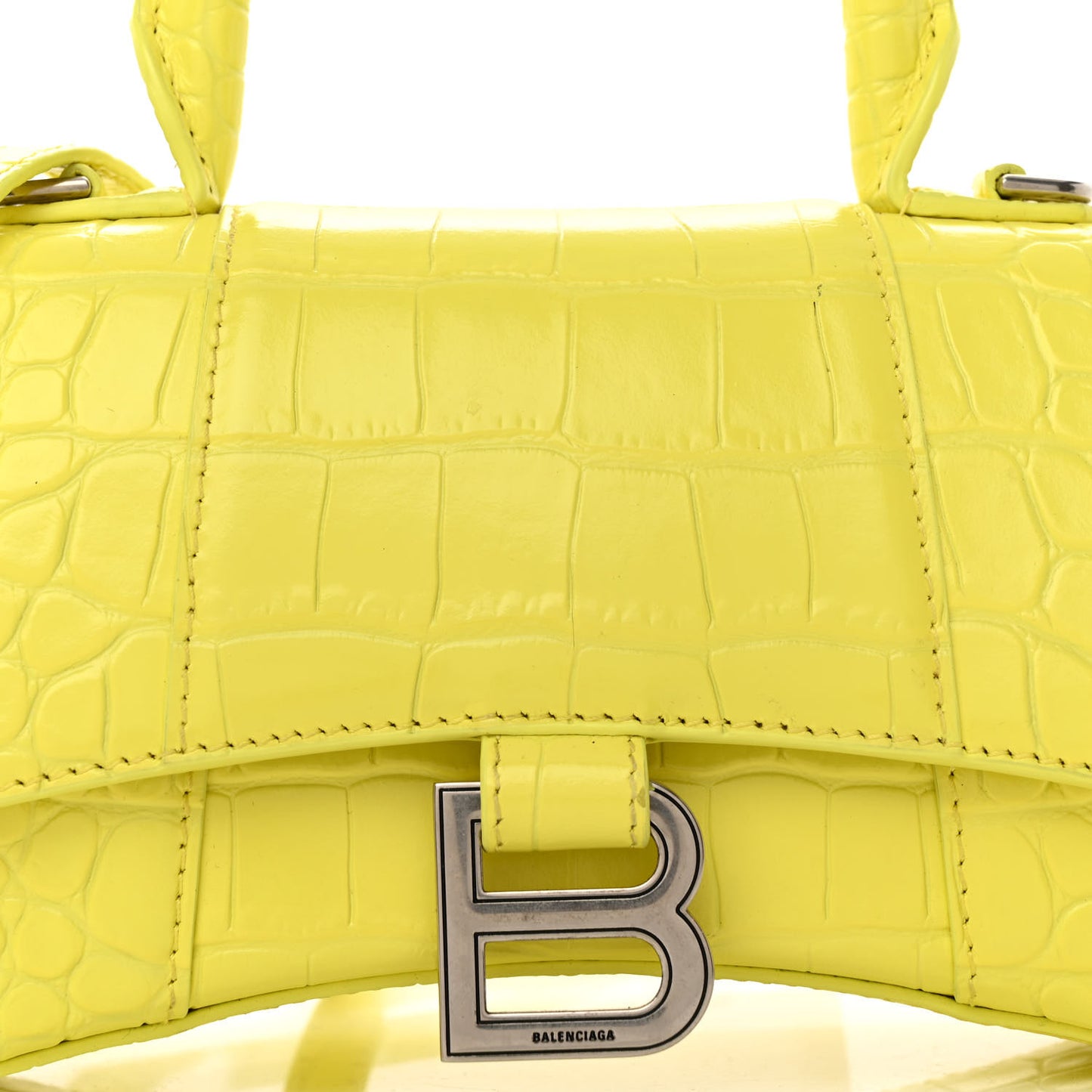 Shiny Calfskin Crocodile Embossed Hourglass Top Handle Bag XS Light Yellow
