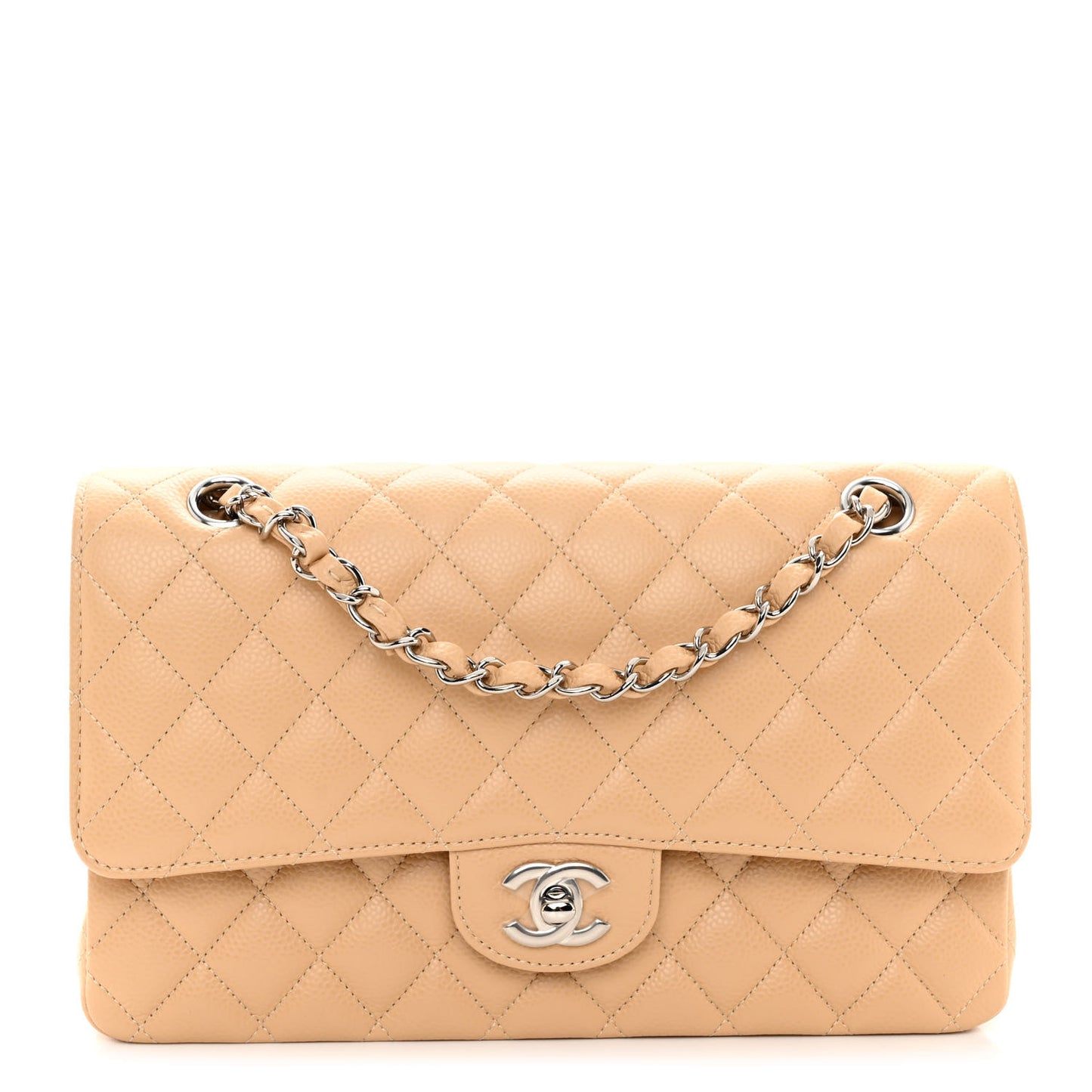 Caviar Quilted Medium Double Flap Beige