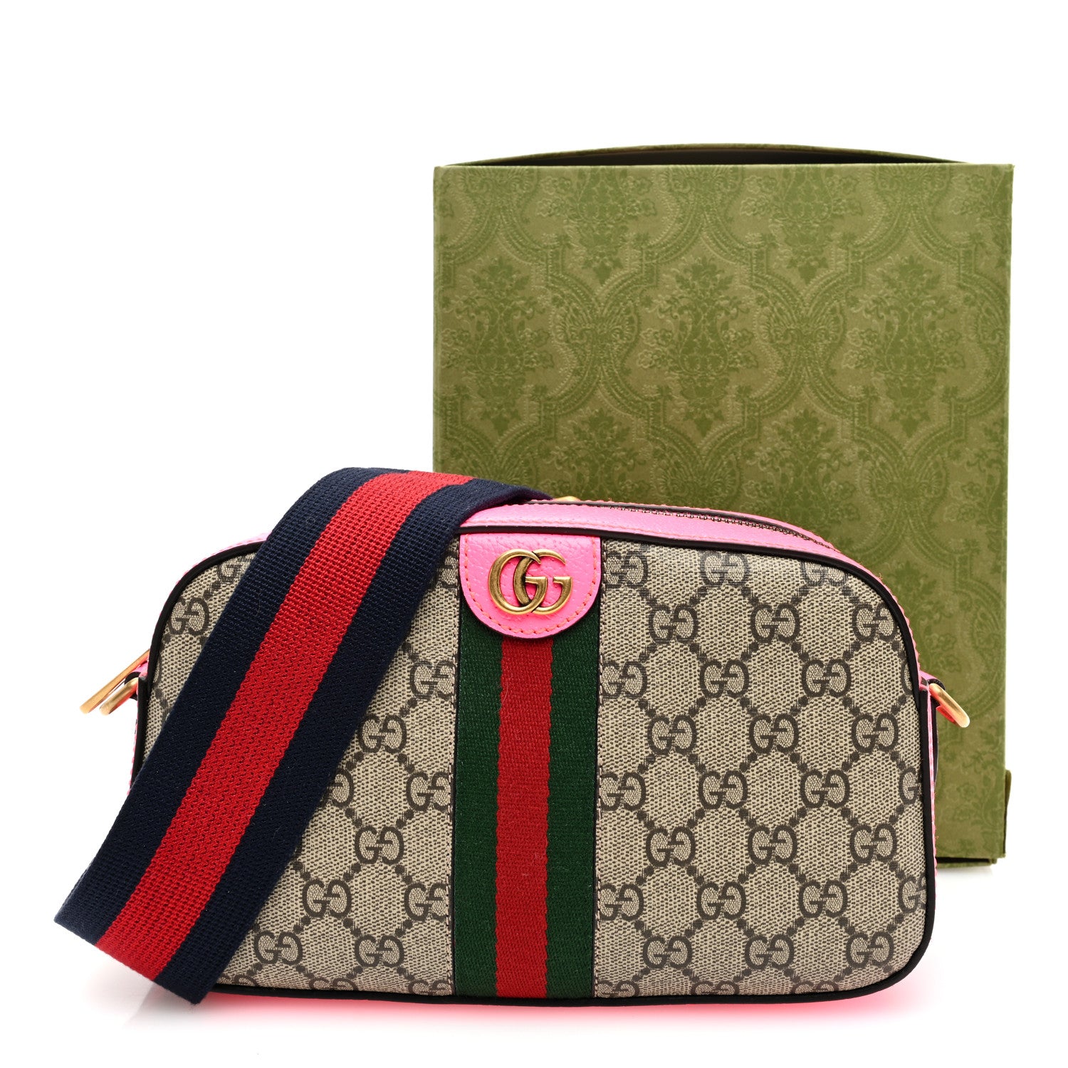 Gucci GG Supreme Monogram Textured Dollar Calfskin Web Ophidia Small Crossbody Bag Beige Ebony Fuchsia 10 of 10
