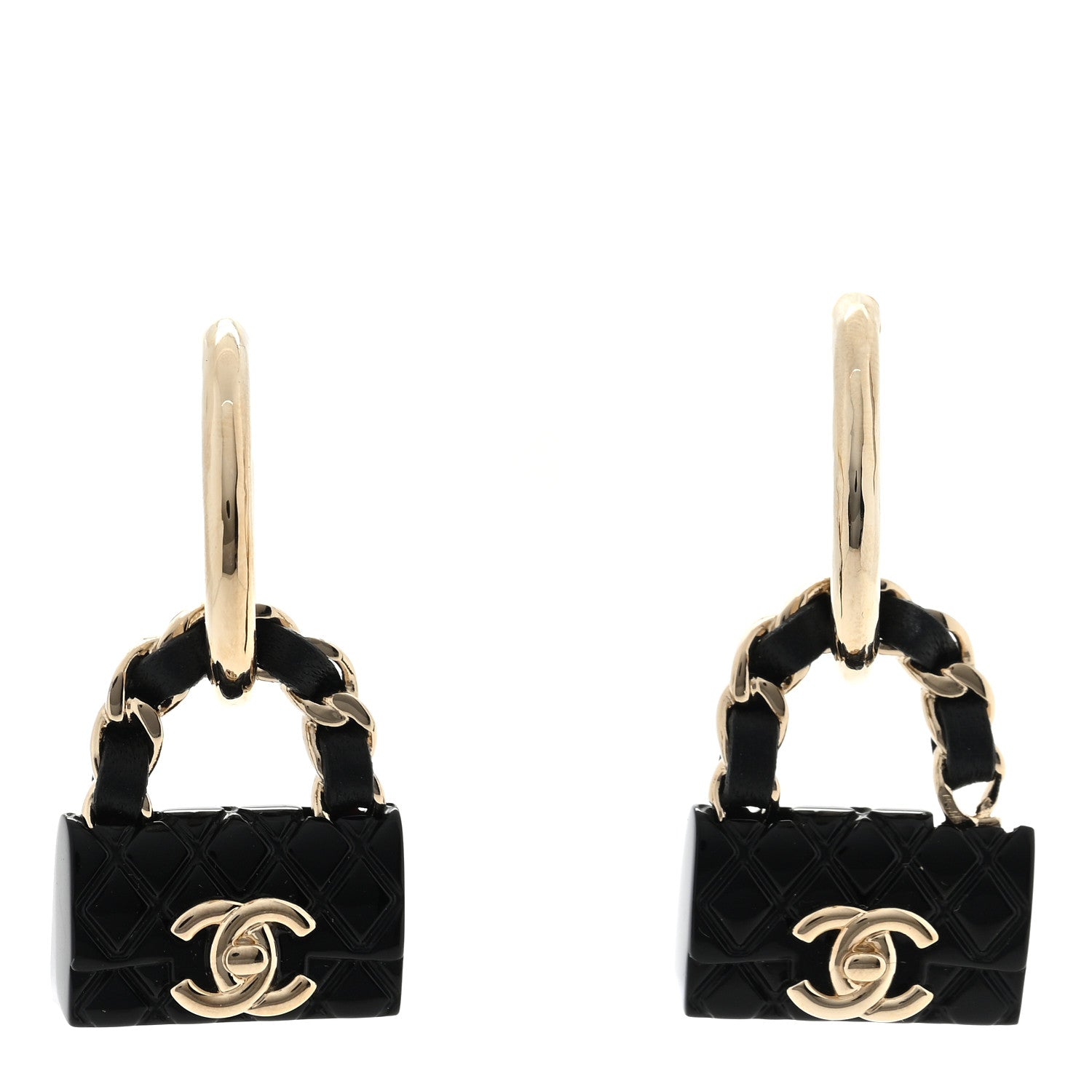Chanel Metal Resin Lambskin Quilted CC Turnlock Chain Bag Hoop Earrings Black Gold 1 of 5