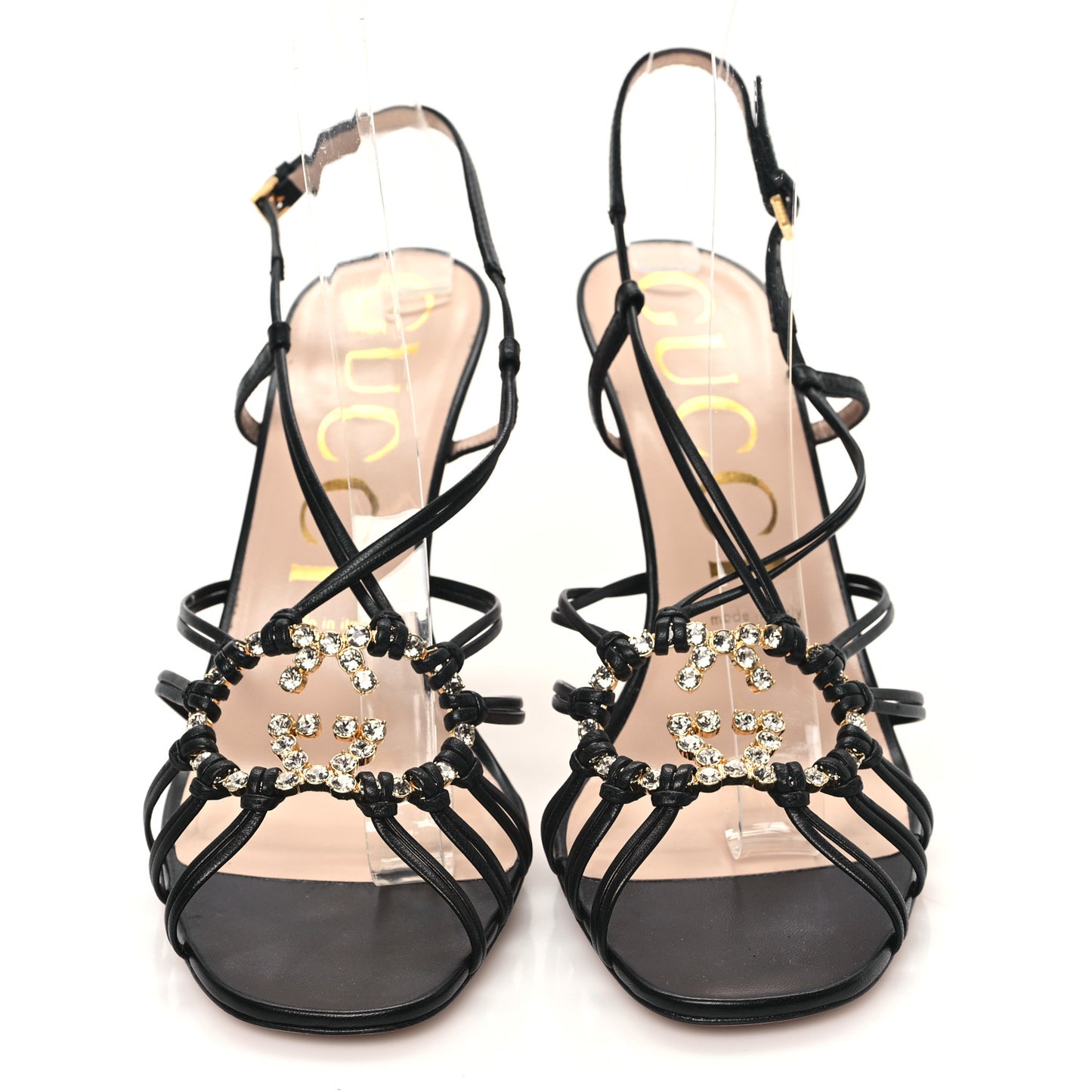 Calfskin Crystal GG Isa Ankle Strap Mid Heel Sandals 39.5 Black