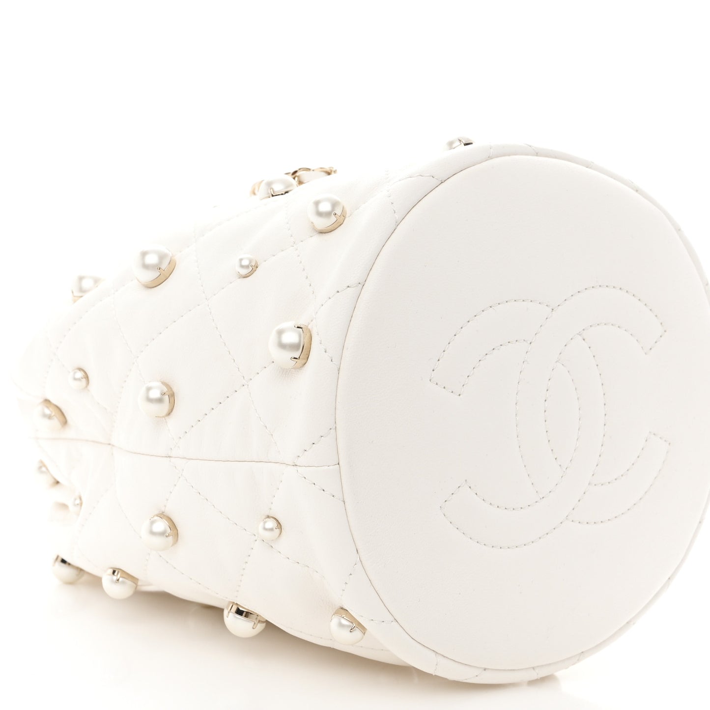 Lambskin Quilted Pearl About Pearls Drawstring Bag White