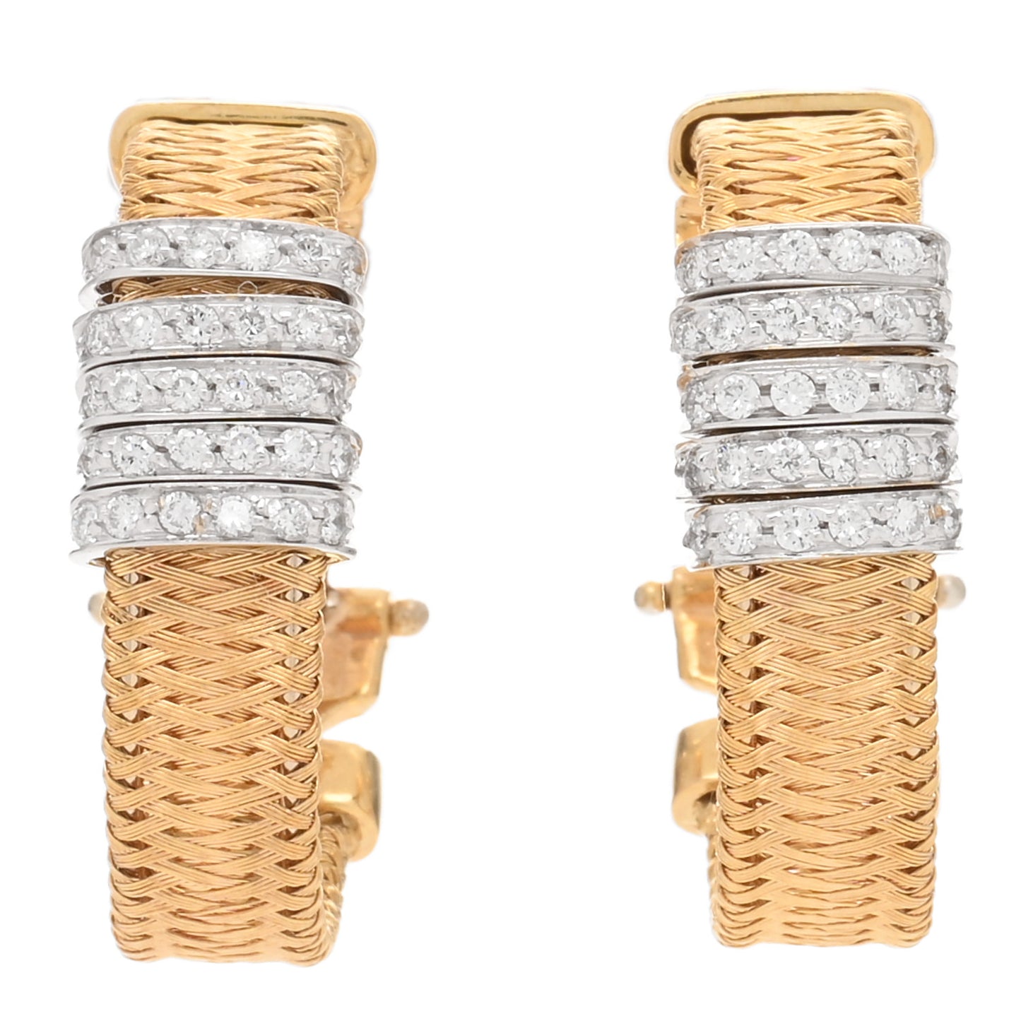 18K Yellow White Gold Diamond Silk Mesh Hoop Earrings