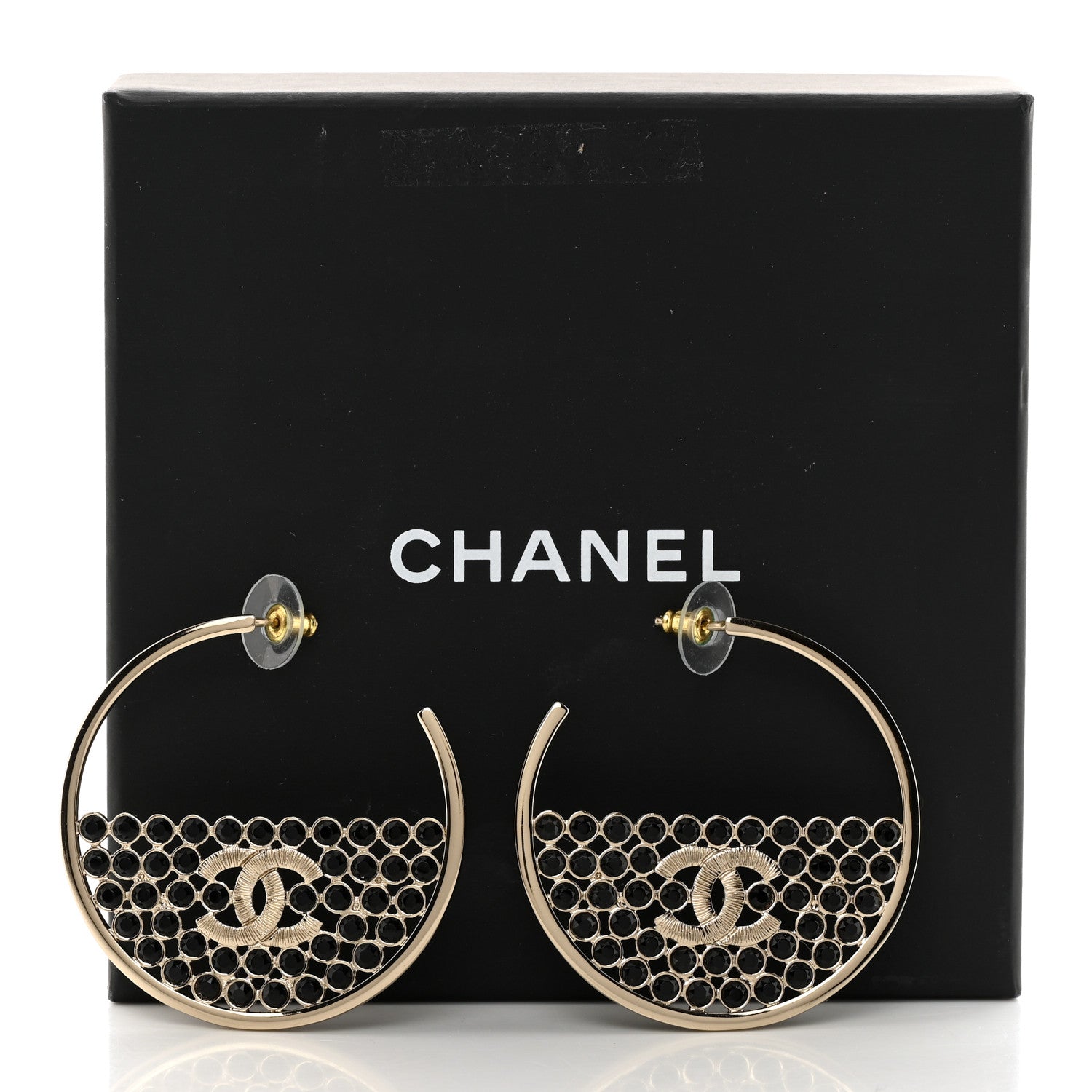 Chanel Metal Crystal CC Hoop Earrings Gold Black 5 of 5