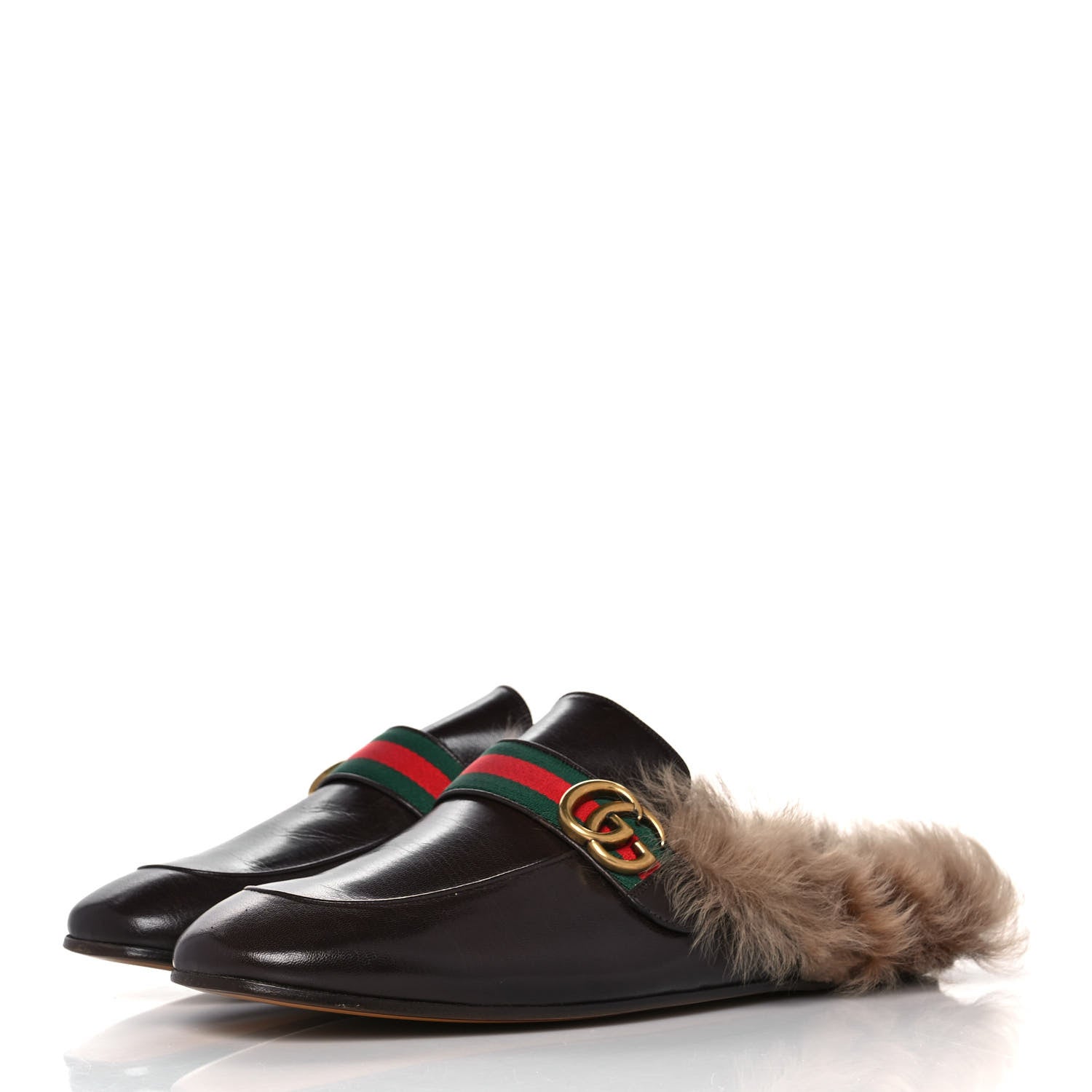Gucci Goatskin Fur Web GG Mens Princetown Slippers 12 Cocoa 3 of 7