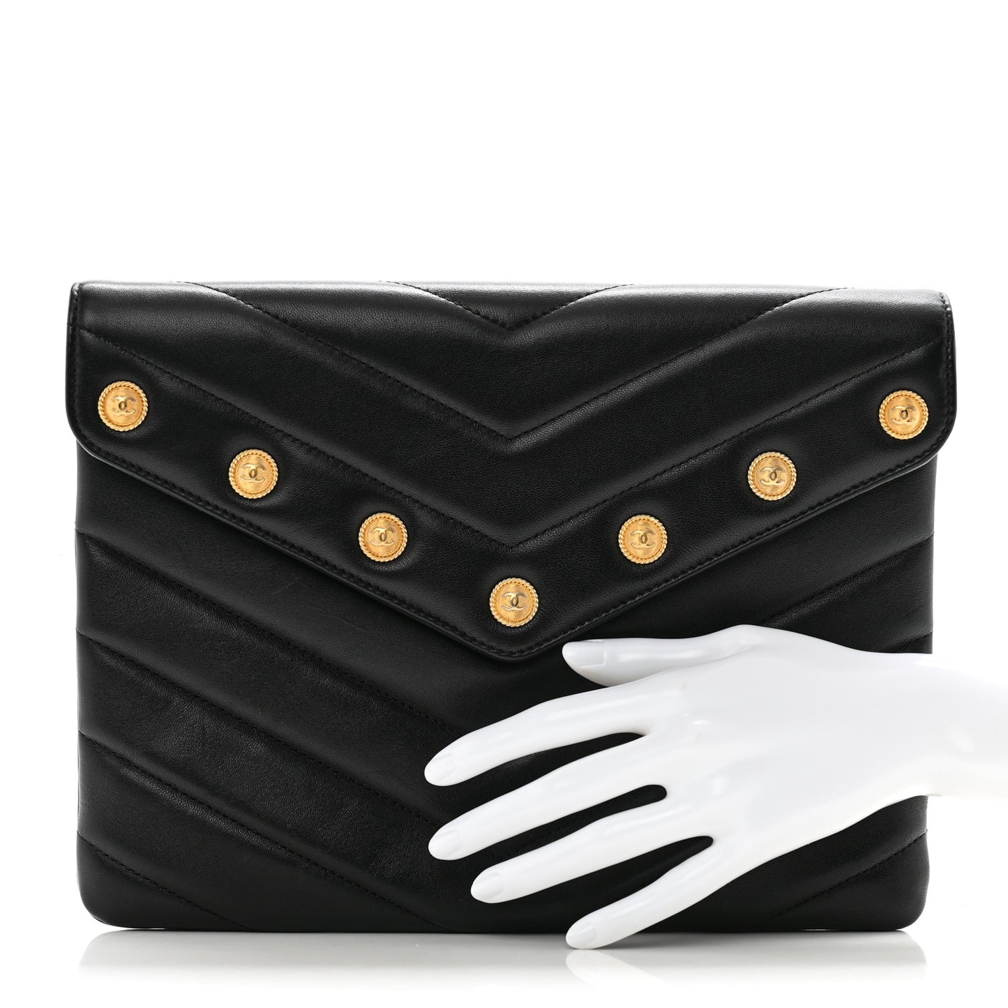 Lambskin Chevron CC Button Clutch Black
