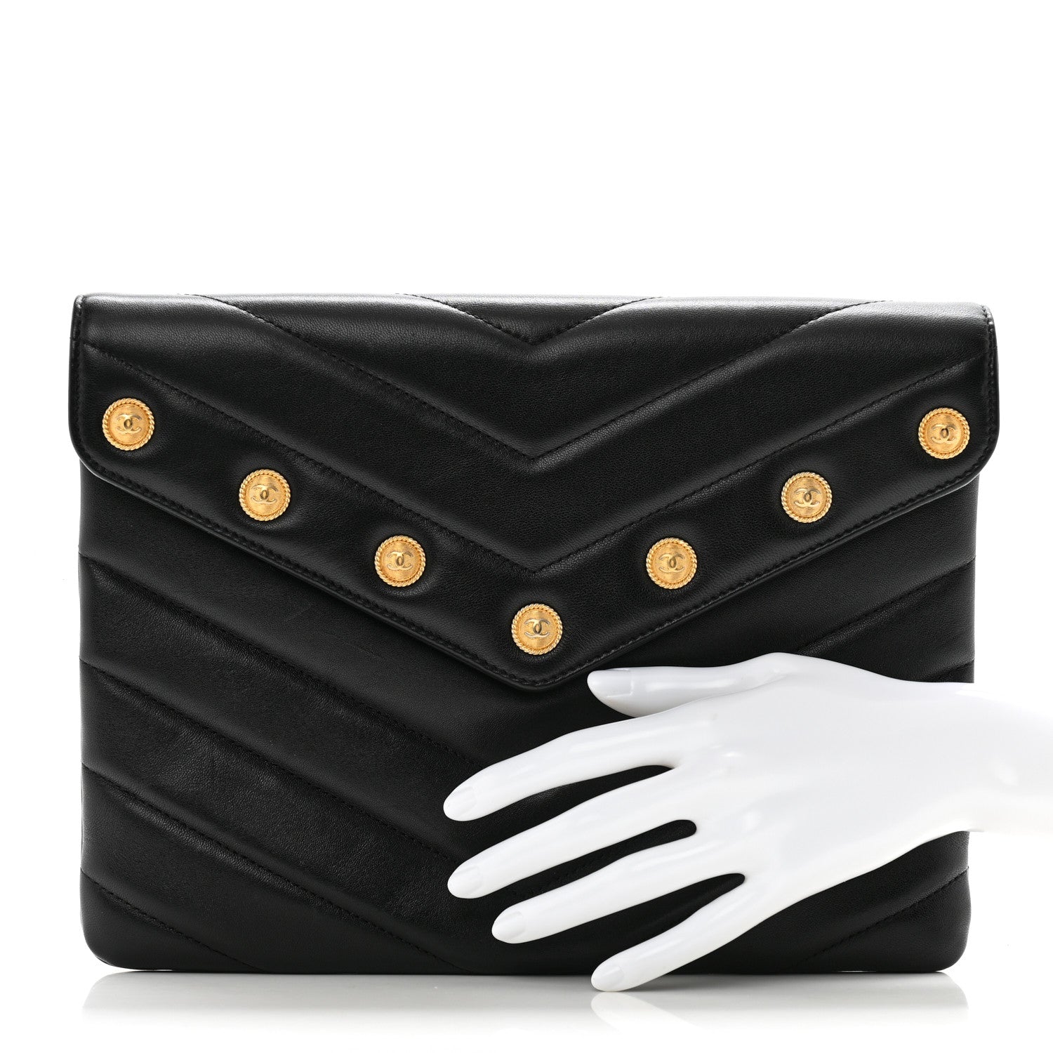 Chanel Lambskin Chevron CC Button Clutch Black 2 of 11