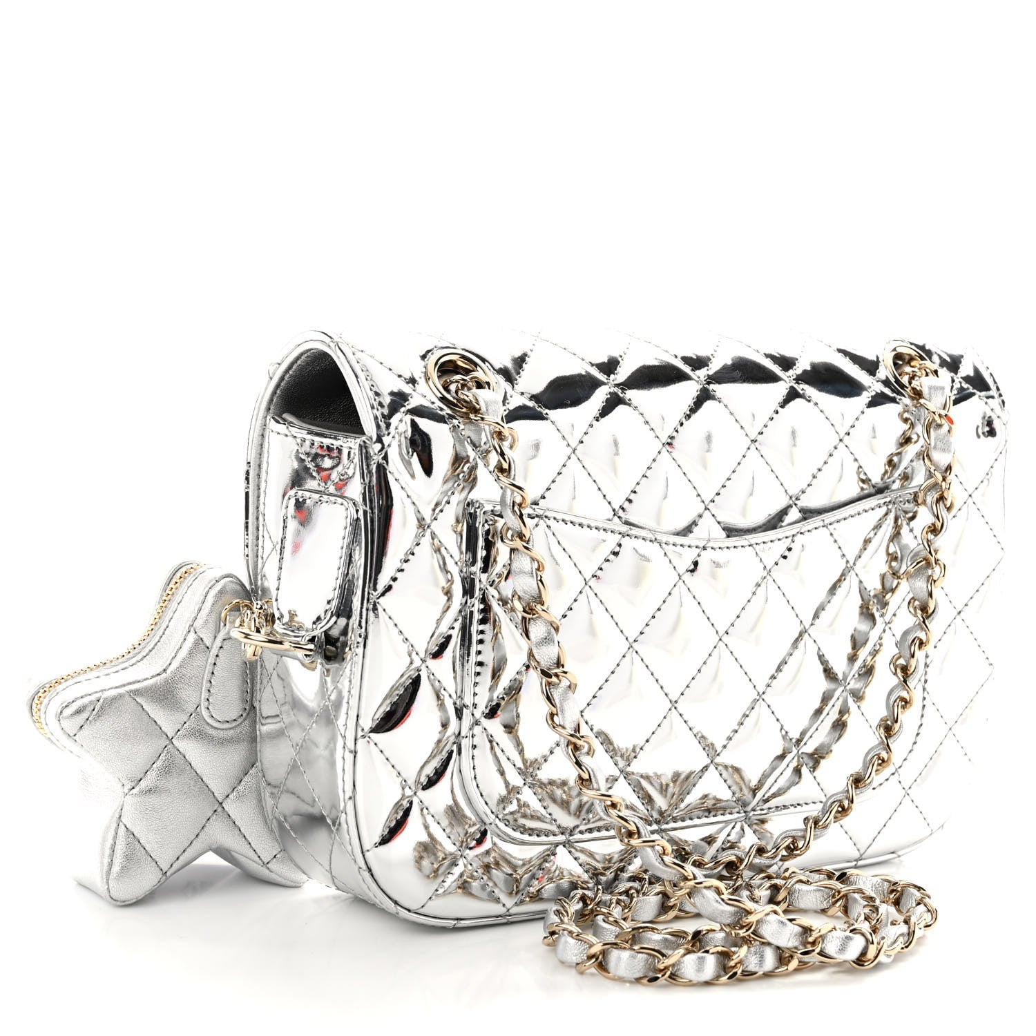 Chanel Mirror Calfskin Metallic Calfskin Medium Hollywood Boulevard Flap With Star Coin Purse Silvery 3 of 11