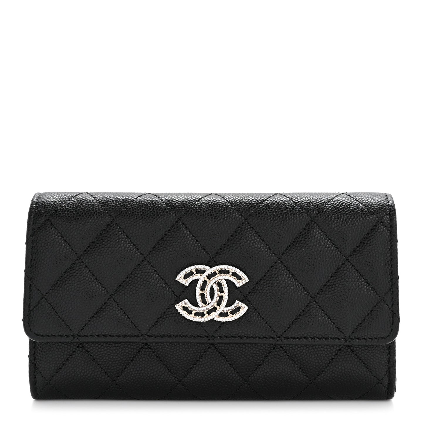 Caviar Quilted Crystal CC Large Gusset Flap Wallet Black