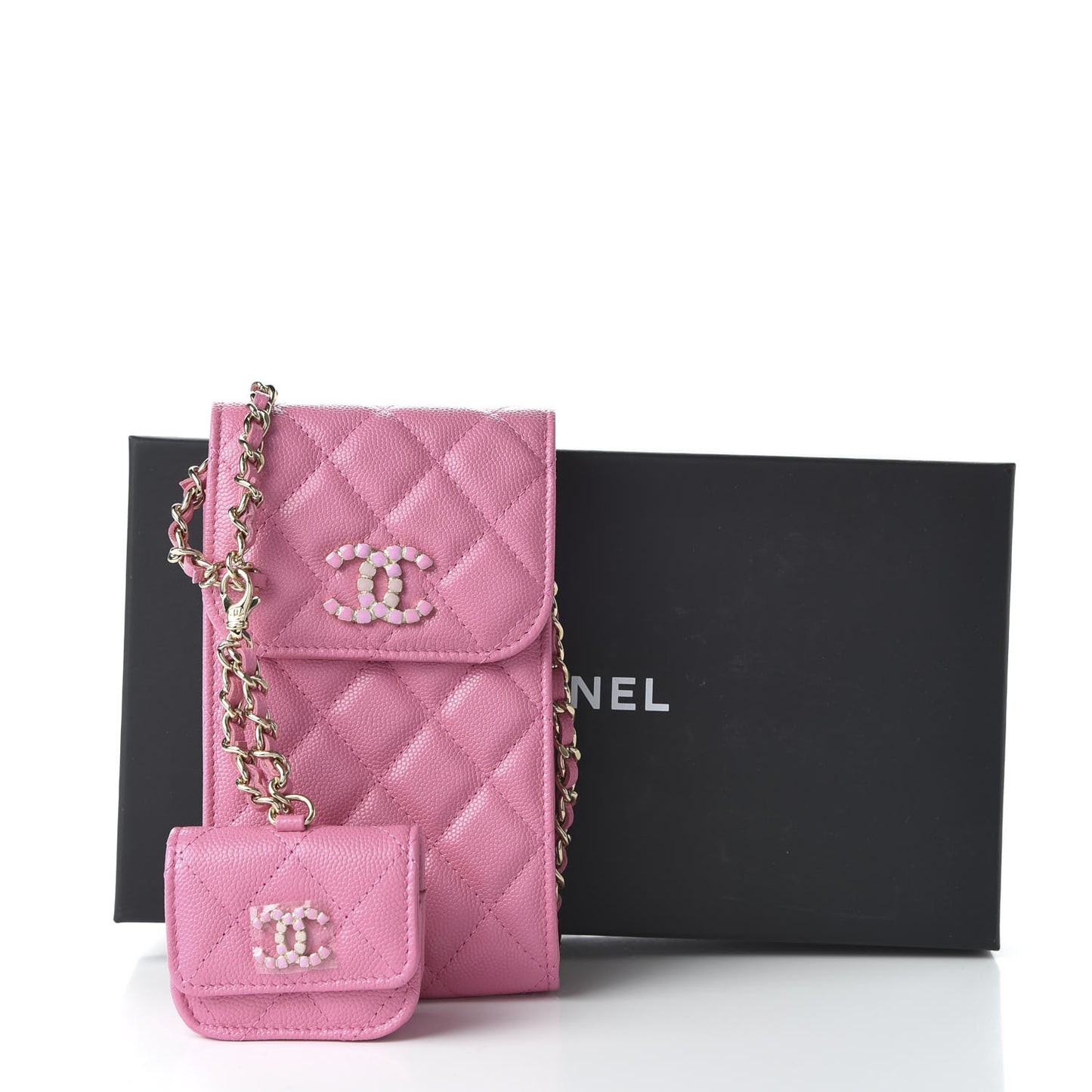 Caviar Quilted Crystal CC Airpods Pro and Phone Case With Chain Pink