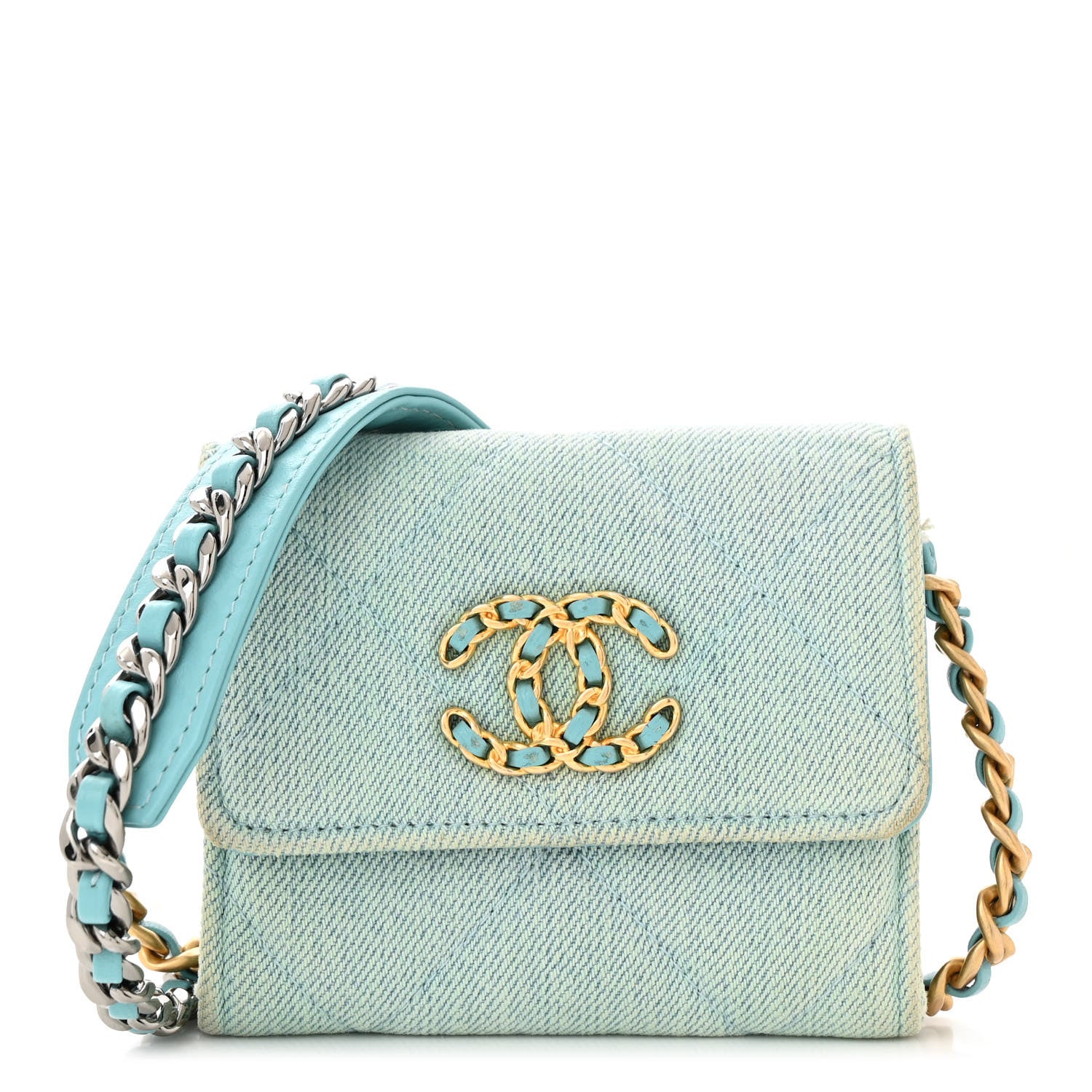 Chanel Denim Quilted Chanel 19 Flap Coin Purse With Chain Neon Blue 1 of 13