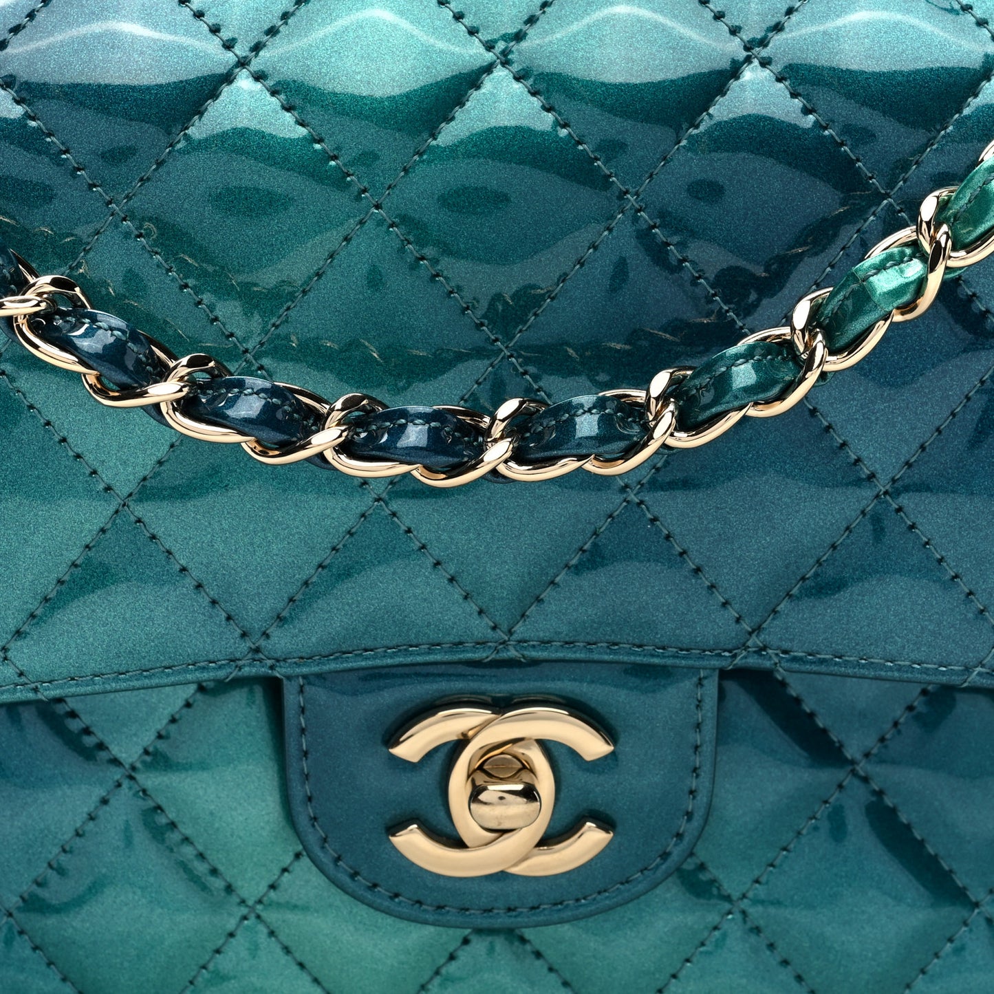 Shaded Patent Calfskin Quilted Medium Double Flap Green Blue