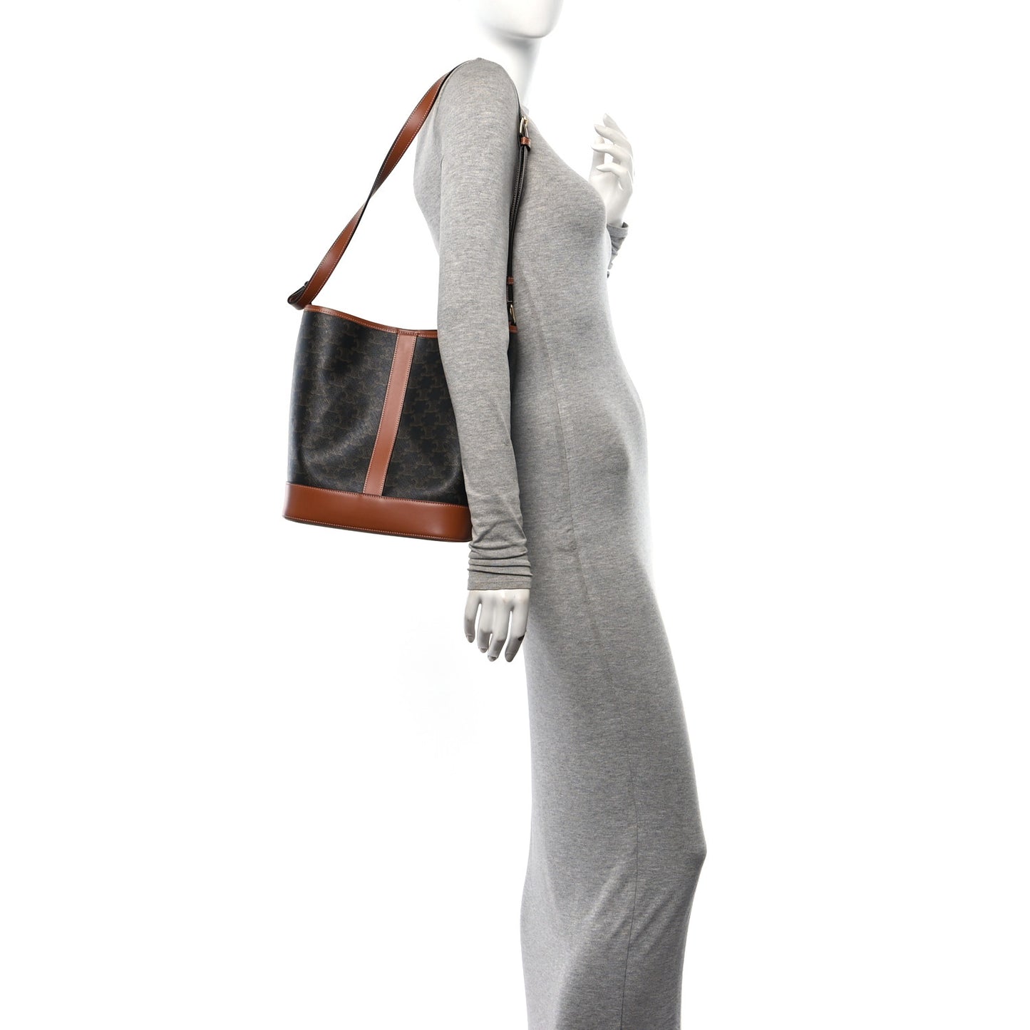 Triomphe Canvas Calfskin Medium Bucket Bag Tan