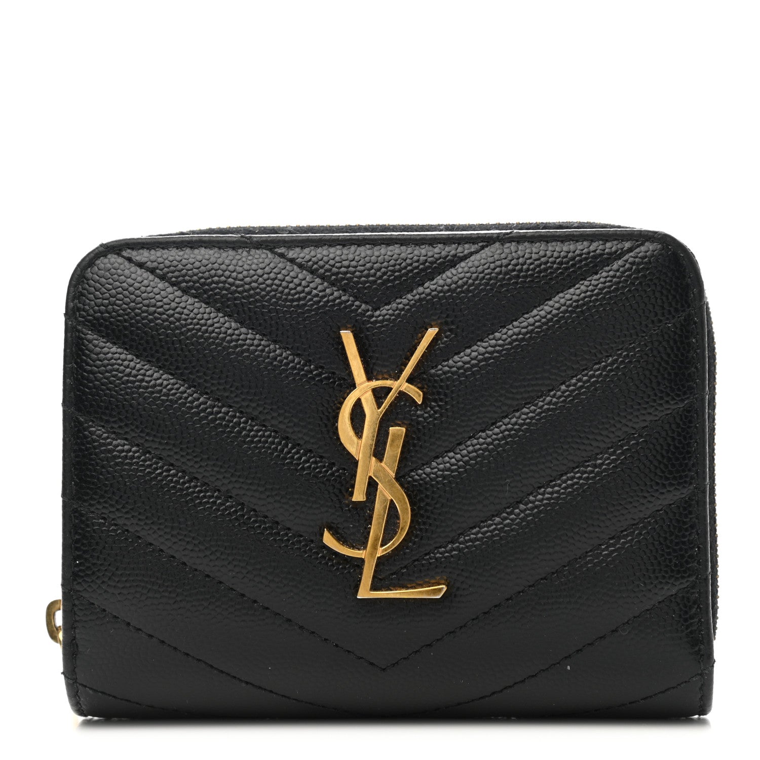 Saint Laurent Grain De Poudre Matelasse Chevron Monogram Compact Zip Around Wallet Black 1 of 7