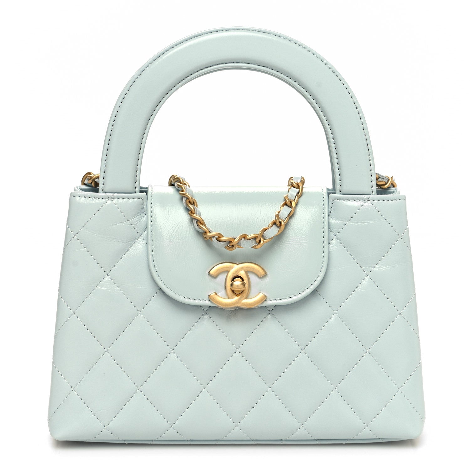Chanel Shiny Aged Calfskin Quilted Nano Kelly Shopper Light Blue 1 of 11
