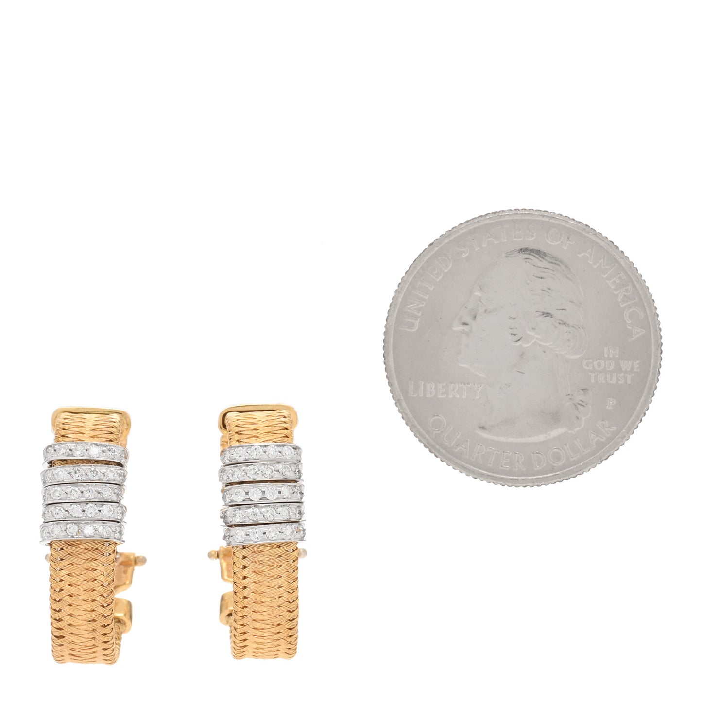 18K Yellow White Gold Diamond Silk Mesh Hoop Earrings