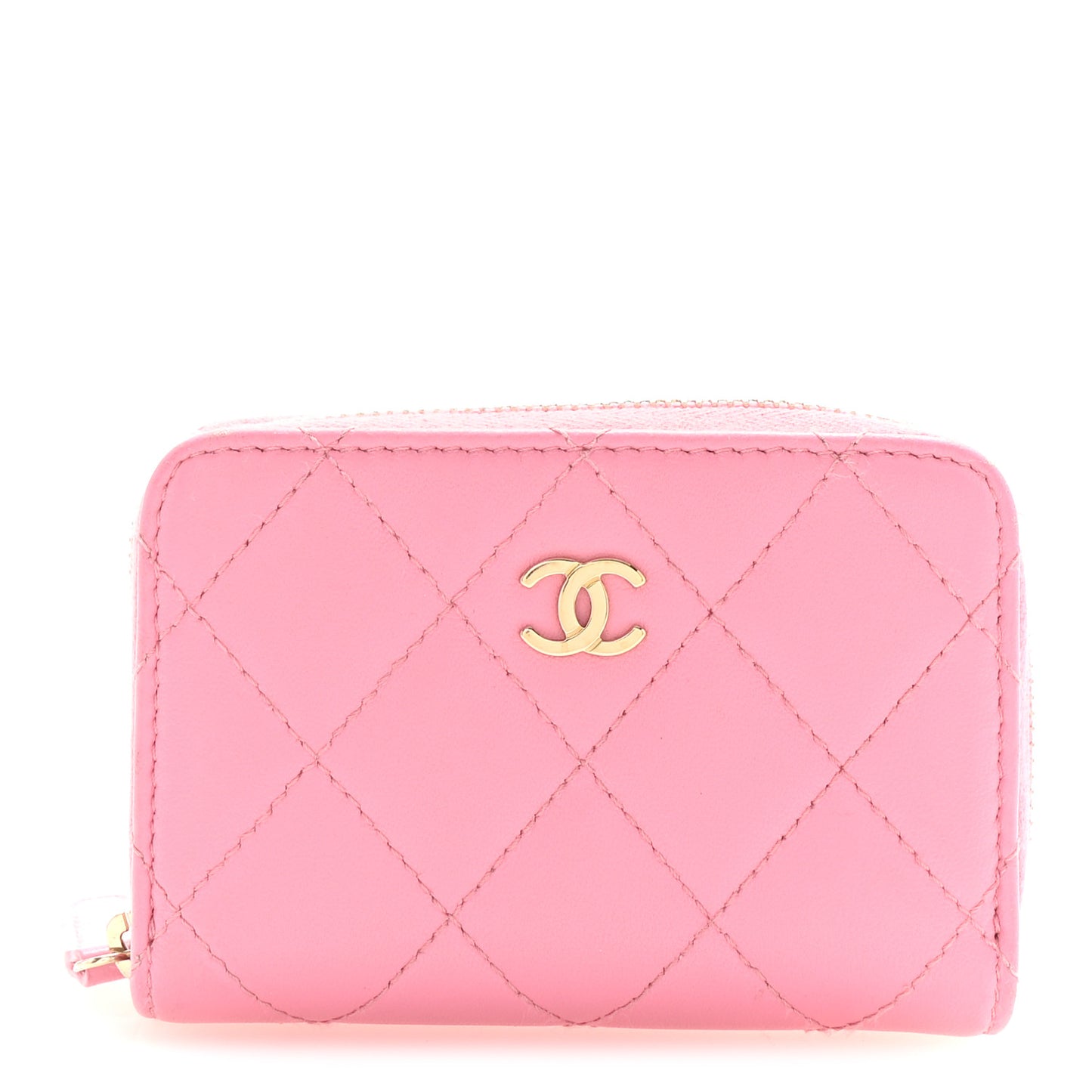Lambskin Quilted Zip Around Coin Purse Wallet Pink
