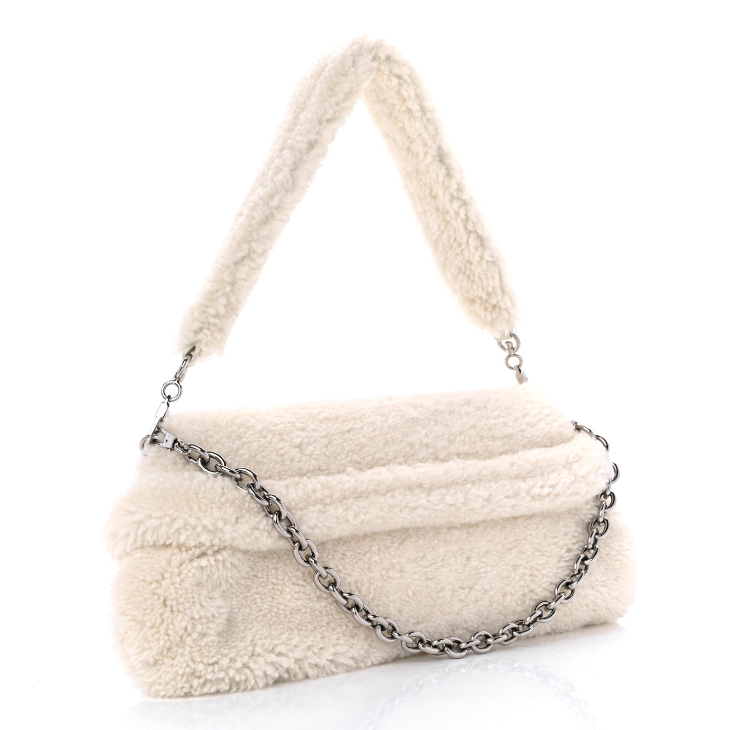 Merino Wool Medium Maxi Horsebit Chain Shoulder Bag Off White