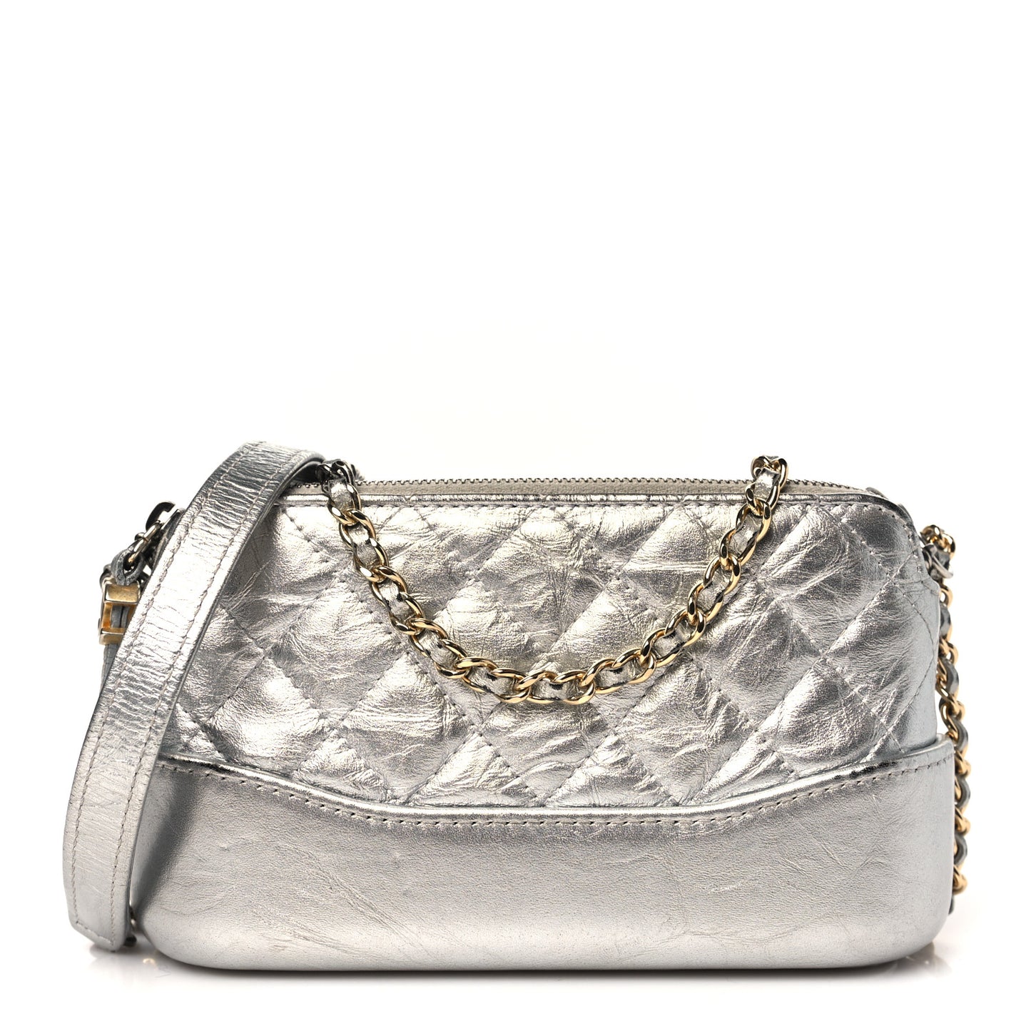 Metallic Lambskin Calfskin Quilted Small Gabrielle Clutch With Chain Silver