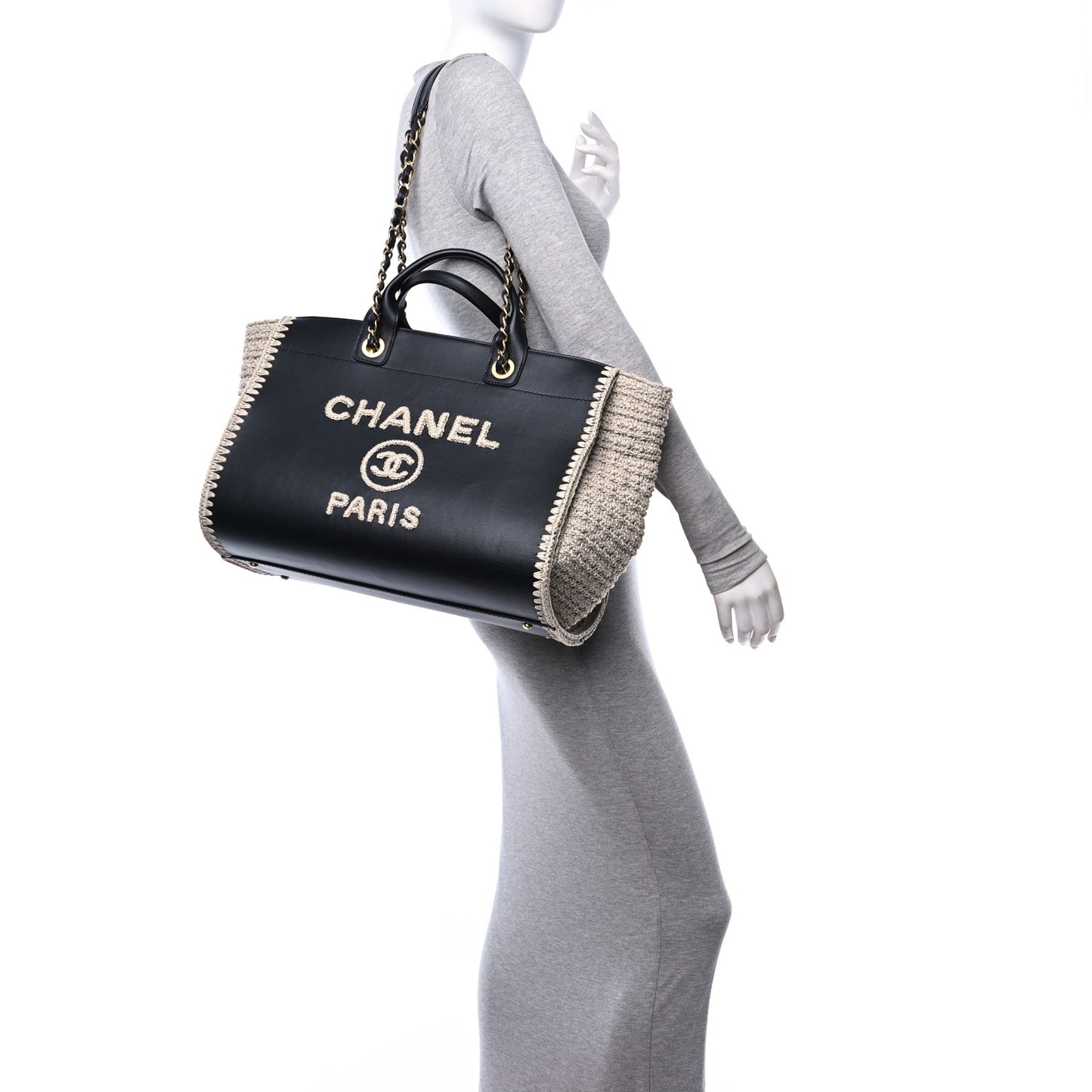Calfskin Knit Medium Deauville Tote Black Grey