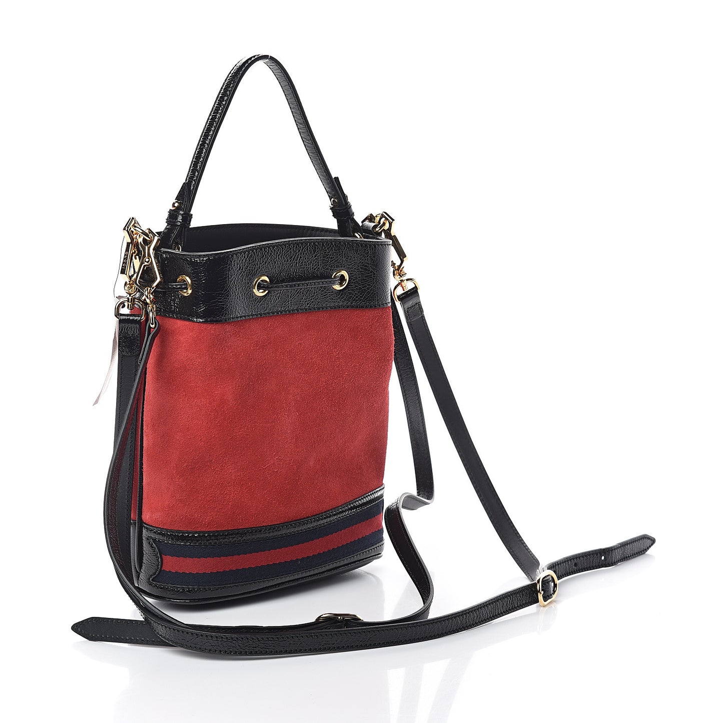Suede Patent Web Small Ophidia Bucket Bag Hibiscus Red Black