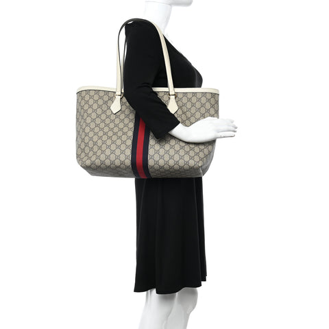 GG Supreme Monogram Textured Dollar Calfskin Web Medium Ophidia Shopping Tote Beige Ebony Mystic White